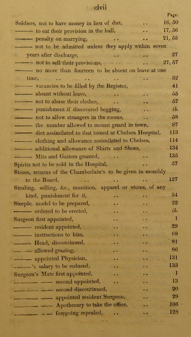 Page. Soldiers, not to have money in lieu of diet, .. 16, 50 to eat their provision in the hall, .. 17, 56 penalty on marrying, , .. .. 21,55 not to be admitted unless they apply within seven years after discharge, .. -. 27 not to sell their provisions, .. 27, 57 — no more than fourteen to be absent on leave at one time, .. .. . . .. 32 vacancies to be filled by the Register, 41 absent without leave, .. . . 55 not to abuse their clothes, .. .. 57 punishment if discovered begging, .. ib. not to allow strangers in the rooms, .. 58 the number allowed to mount guard in town, 87 diet assimilated to that issued at Chelsea Hospital, 113 clothing and allowance assimilated to Chelsea, 114 additional allowance of Shirts and Shoes, 134 Mits and Gaiters granted, .. .. 135 Spirits not to be sold in the Hospital, .. 57 Stores, returns of the Chamberlain’s to be given in monthly to the Board, .. .. .. 127 Stealing, selling, &c., munition, apparel or stores, of any kind, punishment for it, .. . . 54 Steeple, model to be prepared, .. .. 22 ordered to be erected, .. .. ib. Surgeon first appointed, .. »• 1 resident appointed, .. • • 29 instructions to him, .. • • b8 Head, discontinued, . • • * 81 allowed grazing, .. .. 86 appointed Physician, .. .. 131 ’s salary to be reduced, . . .. 133 Surgeon’s Mate first appointed, .. .. 1 second appointed, .. . . 13 second discontinued, .. 20 appointed resident Surgeon, .. 29 Apothecary to take the office, .. 106 - foregoing repealed, .. .. 128