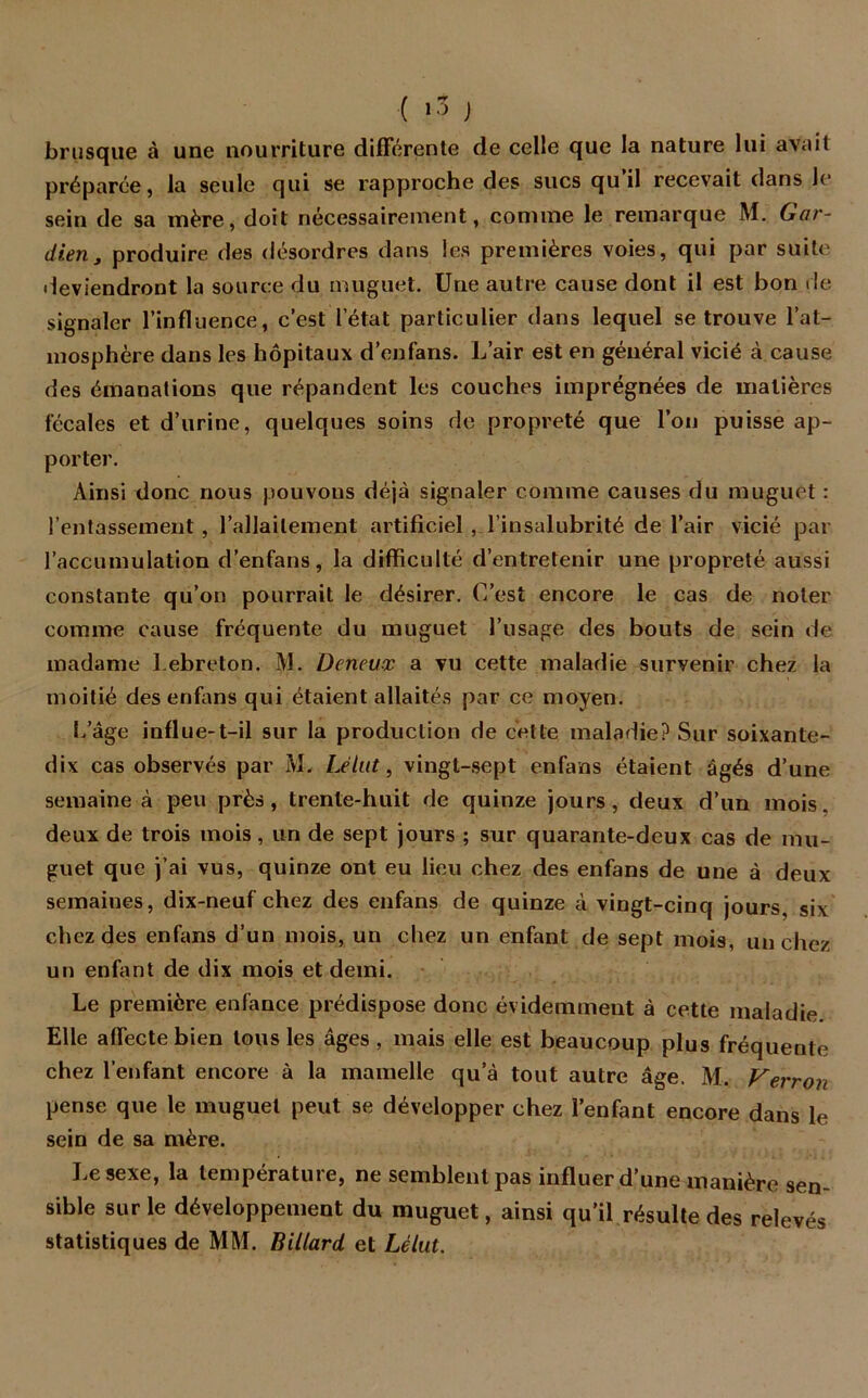 brusque à une nourriture différente de celle que la nature lui avait préparée, la seule qui se rapproche des sucs qu il recevait dans le sein de sa mère, doit nécessairement, comme le remarque M. Gar- dien, produire des désordres dans les premières voies, qui par suite deviendront la source du muguet. Une autre cause dont il est bon de signaler l’influence, c’est l’état particulier dans lequel se trouve l’at- mosphère dans les hôpitaux d’enfans. L’air est en général vicié à cause des émanations que répandent les couches imprégnées de matières fécales et d’urine, quelques soins de propreté que l’on puisse ap- porter. Ainsi donc nous pouvons déjà signaler comme causes du muguet : l’entassement, l’allaitement artificiel , l’insalubrité de l’air vicié par l’accumulation d'enfans, la difficulté d’entretenir une propreté aussi constante qu’on pourrait le désirer. C’est encore le cas de noter comme cause fréquente du muguet l’usage des bouts de sein de madame Lebreton. M. Deneux a vu cette maladie survenir chez la moitié des enfans qui étaient allaités par ce moyen. L’âge influe-t-il sur la production de cette maladie? Sur soixante- dix cas observés par M. Lé lut, vingt-sept enfans étaient âgés d’une semaine à peu près, trente-huit de quinze jours, deux d’un mois. deux de trois mois, un de sept jours ; sur quarante-deux cas de mu- guet que j’ai vus, quinze ont eu lieu chez des enfans de une à deux semaines, dix-neuf chez des enfans de quinze à vingt-cinq jours, six chez des enfans d’un mois, un chez un enfant de sept mois, un chez un enfant de dix mois et demi. Le première enfance prédispose donc évidemment à cette maladie. Elle affecte bien tous les âges , mais elle est beaucoup plus fréquente chez l’enfant encore à la mamelle qu’à tout autre âge. M. Verrou pense que le muguet peut se développer chez l’enfant encore dans le sein de sa mère. Le sexe, la température, ne semblent pas influer d’une manière sen- sible sur le développement du muguet, ainsi qu’il résulte des relevés statistiques de MM. Billard et Lélut.