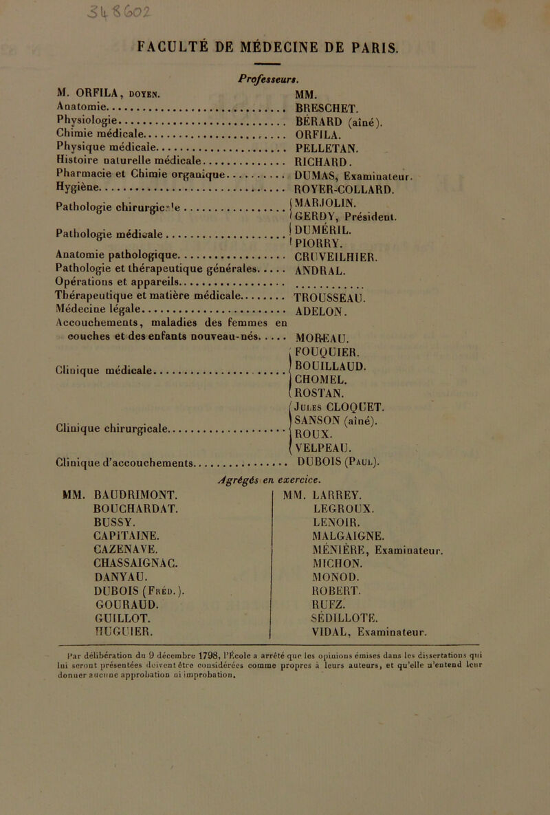 3liSÊ>02 FACULTÉ DE MÉDECINE DE PARIS. Professeurs. M. ORFILA, doyen. MM. Anatomie BRESCHET. Physiologie BÉRARD (aîné). Chimie médicale ORFILA. Physique médicale PELLETAN. Histoire naturelle médicale RICHARD. Pharmacie et Chimie organique DUMAS, Examinateur. Hygiène ROYER-COLLARD. Pathologie chirurgic.-'e IMAR.IOL1N. 8 8 ÎGERDY, Président. Pathologie médicale j HUMÉRIL. 8 1PIORRY. Anatomie pathologique CRUVEILH1ER. Pathologie et thérapeutique générales ANDRAL. Opérations et appareils Thérapeutique et matière médicale TROUSSEAU. Médecine légale ADELON. Accouchements, maladies des femmes en couches et des enfants nouveau-nés MOREAU. Clinique médicale Clinique chirurgicale. Clinique d’accouchements ■ FOUQUIER. BOUILLAUD. CHOMEL. (ROSTAN. S J oi,es CLOQUET. SANSON (aîné). ROUX. VELPEAU. DUBOIS (Paul). MM. BAUDRIMONT. BOUCHARDAT. BUSSY. CAPITAINE. CAZENAVE. CHASSAIGNAC. DANYAU. DUBOIS (Fréd.). GOURAUD. GU ILLOT. HUGUIER. Agrégés en exercice. MM. LARREY. LEGROUX. LENOIR. MALGAIGNE. MÉN1ÈRE, Examinateur. Ml CH ON. MONOD. ROBERT. RUFZ. SÉDILLOTE. VIDAL, Examinateur. l'ar délibération du 9 décembre 1798, l’École a arrêté que les opinions émises daus les dissertations qui lui seront présentées doivent être considérées comme propres à leurs auteurs, et qu’elle n’entend leur donner aucune approbation ui improbation.