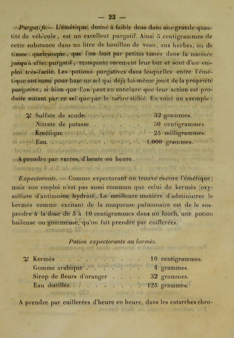 Purgatifs.— L'émétique* donné à faible dose dans une grande quan- tité de véhicule, est un excellent purgatif. Ainsi 5 centigrammes de cette substance dans un litre de bouillon de veau, aux herbes, ou de tisane quelconque, que l’on boit par petites tasses dans la matinée jusqu'à effet purgatif, - manquent rarement leur but et sont d’un em- ploi très-facile. Les potions purgatives dans lesquelles entre l’émé- tique ont aussi pour base un sel qui déjà lui-même jouit de la propriété purgative, si bien que d’on peut en conclure que leur action est pro- duite autant par ce sel que par le tartre stibié. En voici un exemple: «tu,b iioi f-'iff i' û e-tlainin ; n, • % Sulfate de soude 32 grammes. Nitrate de potasse 50 centigrammes. Emétique . ; . . . . . . 25 milligrammes. < n Eau. . ... . . . . . . . 1,000 grammes, b-: O 'ij niîrt- _ noi: u i ‘ *r-- A prendre par verres, d’heure en heure. •-'ffii. gj f S! 1 !;> -:'i - •'», l . UfU;- i. . U! .'; Expectorants. — Comme expectorant on trouve encore l’émétique; mais son emploi n’est pas aussi commun que celui du kermès (oxy- sulfure d’antimoine hydraté). La meilleure manière d’administrer le kermès comme excitant de la muqueuse pulmonaire est de le sus- pendre à la dose de 5 à 10 centigrammes dans un looch, une potion huileuse ou gommeuse, qu’on fait prendre par cuillerées. Potion expectorante ail kermès. % Kermès Gomme arabique ..... Sirop de fleurs d’oranger . . Eau distillée 10 centigrammes. 4 grammes. 32 grammes. 125 grammes. A prendre par cuillerées d’heure en heure, dans les catarrheschro-