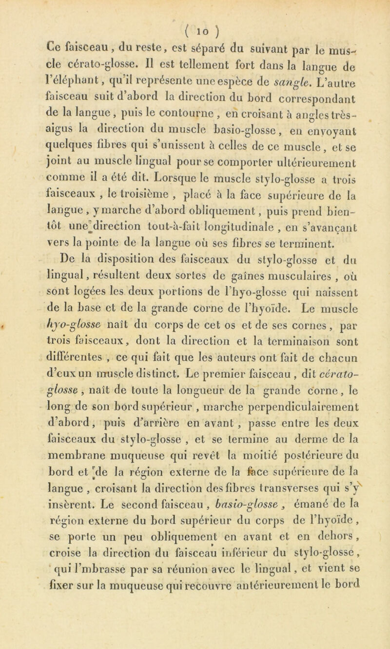 Ce faisceau, du reste, est séparé du suivant par le mus- cle cérato-glosse. Il est tellement fort dans la langue de l’éléphant, qu il représente une espèce de sangle. L’autre faisceau suit d’abord la direction du bord correspondant de la langue, puis le contourne , en croisant à angles très- aigus la direction du muscle basio-glossc, en envoyant quelques fibres qui s’unissent à celles de ce muscle, et se joint au muscle lingual pour se comporter ultérieurement comme il a été dit. Lorsque le muscle stylo-glosse a trois iaisceaux , le troisième , placé à la face supérieure de la langue , y marche d’abord obliquement, puis prend bien- tôt une^direction tout-à-fait longitudinale , en s’avançant vers la pointe de la langue où ses fibres se terminent. De la disposition des faisceaux du stylo-glosse et du lingual, résultent deux sortes de gaines musculaires , où sont logées les deux portions de fhyo-glosse qui naissent de la base et de la grande corne de l’hyoïde. Le muscle hjo-glosse naît du corps de cet os et de ses cornes , par trois faisceaux, dont la direction et la terminaison sont différentes , ce qui fait que les auteurs ont fait de chacun d’eux un muscle distinct. Le premier faisceau , dit cérato- glosse , naît de toute la longueur de la grande corne, le long de son bord supérieur , marche perpendiculairement d’abord, puis d’arrière en avant , passe entre les deux faisceaux du stylo-glosse , et se termine au derme de la membrane muqueuse qui revêt la moitié postérieure du bord et ^de la région externe de la fficc supérieure de la langue , croisant la direction des fibres t ransverses qui s’y insèrent. Le second faisceau , basio-glosse , émané de la région externe du bord supérieur du corps de l’hyoïde , se porte un peu obliquement en avant et en dehors , croise la direction du faisceau inférieur du stylo-glosse, qui l’mbrasse par sa réunion avec le lingual, et vient se fixer sur la muqueuse qui recouvre antérieurement le bord