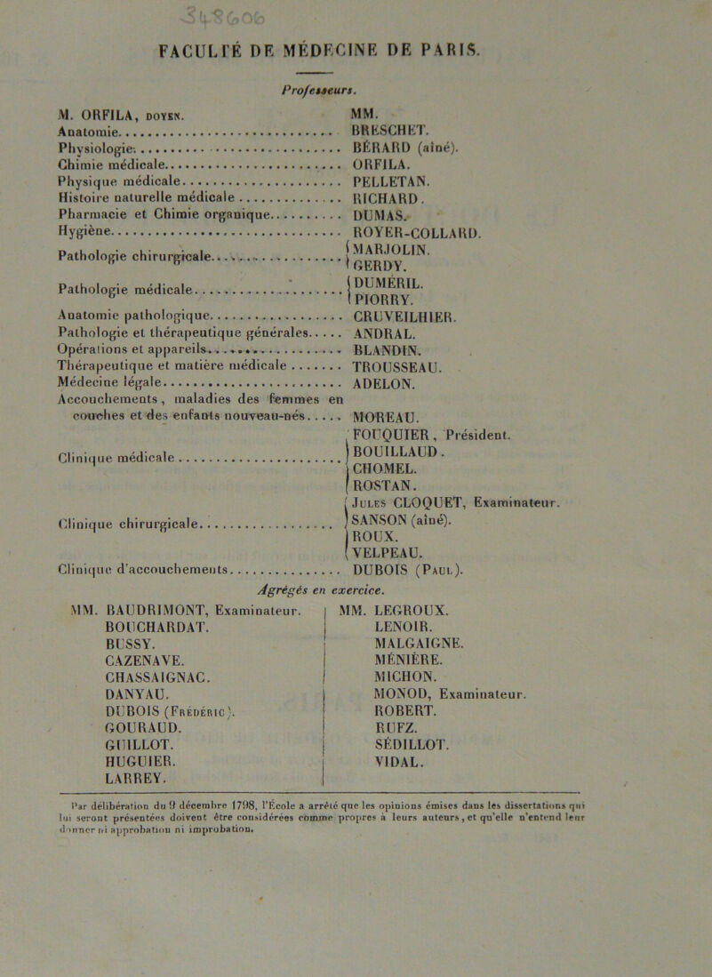 FACULTÉ DE MÉDECINE DE PARIS. Pro/eueurs. M. ORFILA, DOYEN. MM. Anatomie RRKSCHKT. Physiologie; BÉRARD (aîné). Chimie médicale ÜRFILA. Physique médicale PELLETAN. Histoire naturelle médicale RICHARD . Pharmacie et Chimie organique DUMAS.- Hygiène ROYER-COLLARD. (MAR.IOL1N. ■ IGERDY. Pathologie chirurgicale. Pathologie médicale jDUMÉRIL. ^ IPIORRY. Anatomie pathologique CRÜVEILHIER. Pathologie et thérapeutique générales ANDRAL. Opérations et appareils.-. BLANDIN, Thérapeutique et matière médicale TROUSSEAU. Médecine légale ADELON. Accouchements, maladies des femmes en couches et clés enfants nouveau-nés MOREAU. FOUQUIER, Président. Clinique médicale | BOUILLAUD . ’ CHOMEL. [ROSTAN. [Jules CLOQUET, Examinateur. ([Jinique chirurgicale | SANSON (^aîné). ROUX. (VELPEAU. Clinique d’accouchemeuts DUBOIS (Paul). Agrégés en exercice. MM. BAUDRIMONT, Examinateur. BOnCHARDAT. BUSSY. CAZENAVE. CHASSA IGN AC. DANYAU. DUBOIS (Frédéric\ GOURAUD. GUILLOT. HUGUIER. LARREY. MM. LEGROUX. LENOIR. MALGAIGNE. MÉNIÈRE. MICHON. MONOD, Examinateur. ROBERT. RLIFZ. SÉDILLOT. VIDAL. Par délibération du décembre 1798, l’École a arrêté que les opinions émises dans les dissertations qui lui seront présentées doivent être considérées comme propres à leurs auteurs, et qu’elle n’entend lenr d->nner ni approbation ni improbation.