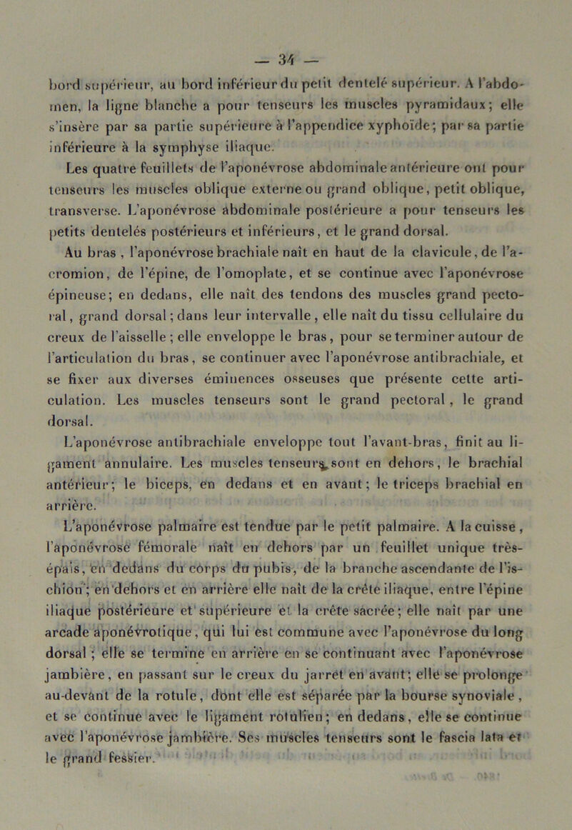 bord supérieur, au bord inférieur du petit dentelé supérieur. A l’abdo- men, la ligne blanche a pour tenseurs les muscles pyramidaux; elle s’insère par sa partie supérieure à l’appendice xyphoïde; par sa partie inférieure à la symphyse iliaque. Les quatre feuillets de l’aponévrose abdominale antérieure ont pour tenseurs les muscles oblique externe ou grand oblique, petit oblique, transverse. L’aponévrose abdominale postérieure a pour tenseurs les petits dentelés postérieurs et inférieurs, et le grand dorsal. Au bras , l’aponévrose brachiale naît en haut de la clavicule, de l’a- cromion, de l’épine, de l’omoplate, et se continue avec l’aponévrose épineuse; en dedans, elle naît des tendons des muscles grand pecto- ral , grand dorsal ; dans leur intervalle , elle naît du tissu cellulaire du creux de l’aisselle ; elle enveloppe le bras, pour se terminer autour de l’articulation du bras, se continuer avec l’aponévrose antibrachiale, et se fixer aux diverses éminences osseuses que présente celte arti- culation. Les muscles tenseurs sont le grand pectoral, le grand dorsal. L’aponévrose anlibrachiale enveloppe tout l’avant-bras, finit au li- gament annulaire. Les muscles tenseun^sont en dehors, le brachial antérieur; le biceps, en dedans et en avant; le triceps brachial en arrière. L’aponévrose palmaire est tendue par le petit palmaire. A la cuisse, l’aponévrose fémorale naît en dehors par un feuillet unique très- épais, en dedans du corps du pubis, de la branche ascendante de l’is- chion'; en dehors et en arrière elle naît de la crête iliaque, entre l’épine iliaque postérieure et supérieure et la crête sacrée; elle naît par une arcade aponévrolique, qui lui est commune avec l’aponévrose du long dorsal ; elle se termine en arrière en se continuant avec l’aponévrose jambière, en passant sur le creux du jarret en avant; elle se prolonge au-devant de la rotule, dont elle est séparée par la bourse synoviale, et se continue avec le ligament rotùlîen; en dedans, elle se continue avec l’aponévrose jambière. Scs muscles tenseurs sont le fascia lata et le grand fessier.