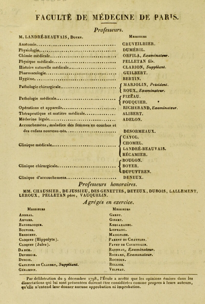 FACULTÉ DE MEDECINE DE PARUS Professeurs. M. L ANDRÉ-BEAU VAIS , Doyen. Mbssikurs Anatomie CRUVEILIIIER. Physiologie, DUMÉRIL. Chimie médicale ORFILA, Examinaitur. Physique médicale PELLETAN fils. Iiistoire naturelle médicale CLARION, Suppliant. Pharmacologie GU1LBERT. Hygiène BERTIN. Pathologie chirurgicale f MARJOLIN, President. I ROUX, Examinateur. Pathologie médicale f FIZËAU. \ FOUQUIER. » Opérations et appareils, RICH ER AND, Examinateur. Thérapeutique et matière médicale ALIBERT. Médecine légale ADELON. Accouchemens, maladies des femmes en couches et des enfans nouveau-nés DESORMEAUX. CAYOL. CHOMEL. LANDRÉ-BEAUV AIS. _ RÉCAMIER. {BOUGON. BOYER. DUPUYTREN. Clinique d’accouchemens DENEUX. Professeurs honoraires, MM. CHAUSSIER, DE JUSSIEU, DES GENETTES, DEYEUX, DUBOIS, LALLEMENT, LEROUX, PELLETAN père, VAUQUELIN. Agrégés en exercice. Clinique médicale. Messieurs Ardral. Arvers. Baudblocque. Bouvier. Breschet. Cloquet (Hippolytc). Cloquet (Jules). Dises. Devergie. Dubois. Gaultier de Claubrt, Suppliant. GéBARDIN. Messieurs Gerdy. Gibért. Kergaradec. Lisfrarc. Maisorabe. Parent du Châtelet. Pavet de Courteillb. Ratheau, Examinateur. Richard, Examinateur. Rochoux. Rullier. Velpeau. Par délibération du 9 décembre 1798, l’École a arrêté que les opinions émises dans les dissertations qui lui sont présentées doivent être considérées comme propres è leurs auteurs, qu’elle n’entend leur donner aucune approbation ni improbation.