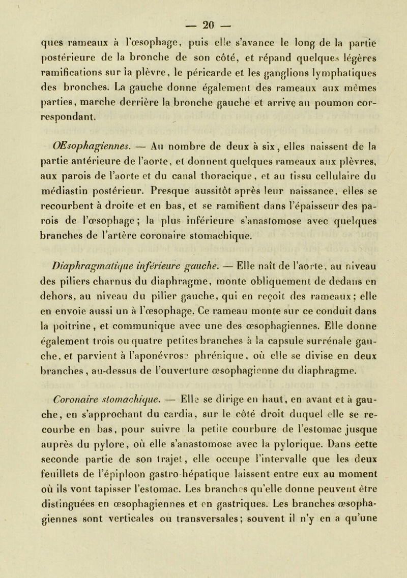 \ ques rameaux à l’œsophage, puis elle s’avance le long de la partie postérieure de la bronche de son côté, et répand quelques légères ramifications sur la plèvre, le péricarde et les ganglions lymphatiques des bronches. La gauche donne également des rameaux aux mêmes parties, marche derrière la bronche gauche et arrive au poumon cor- respondant. OEsophagiennes. — Au nombre de deux à six, elles naissent de la partie antérieure de l’aorte, et donnent quelques rameaux aux plèvres, aux parois de l’aorte et du canal thoracique, et au tissu cellulaire du médiastin postérieur. Presque aussitôt après leur naissance, elles se recourbent à droite et en bas, et se ramifient dans l’épaisseur des pa- rois de l’œsophage; la plus inférieure s’anastomose avec quelques branches de l’artère coronaire stomachique. Diaphragmatique inférieure gauche. — Elle naît de l’aorte, au niveau des piliers charnus du diaphragme, monte obliquement de dedans en dehors, au niveau du pilier gauche, qui en reçoit des rameaux; elle en envoie aussi un à l’resophage. Ce rameau monte sur ce conduit dans la poitrine, et communique avec une des œsophagiennes. Elle donne également trois ou quatre petites branches à la capsule surrénale gau- che, et parvient à l’aponévrose phrénique, où elle se divise en deux branches, au-dessus de l’ouverture œsophagienne du diaphragme. Coronaire stomachique. — Elle se dirige en haut, en avant et à gau- che, en s’approchant du cardia, sur le côté droit duquel elle se re- courbe en bas, pour suivre la petite courbure de l’estomac jusque auprès du pylore, où elle s’anastomose avec la pylorique. Dans cette seconde partie de son trajet, elle occupe l’intervalle que les deux feuillets de l’épiploon gastro hépatique laissent entre eux au moment où ils vont tapisser l’estomac. Les branches qu’elle donne peuvent être distinguées en œsophagiennes et en gastriques. Les branches œsopha- giennes sont verticales ou transversales; souvent il n’y en a qu’une