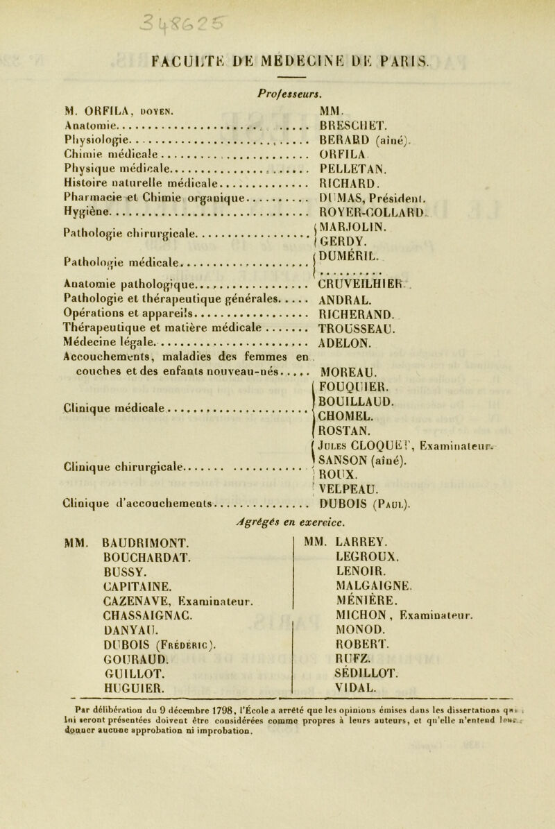 FACUliTK I>E MEDECINE DE PARIS. Professeurs. M. ORFILA, doyen. MM. Anatomie BRESC11ET. Physiologie BERARD (aine). Chimie médicale ORFILA Physique médicale PELLETAN. Histoire naturelle médicale RICHARD. Pharmacie et Chimie organique DUMAS, Président. Hygiène ROYER-COLLARD Pathologie chirurgicale j GERDY^ Pathologie médicale , j DCJMÉRIL’ Anatomie pathologique..., CRUVEILHIER Pathologie et thérapeutique générales ANDRAL. Opérations et appareils R1CHERAND. Thérapeutique et matière médicale TROUSSEAU. Médecine légale ADELON. Accouchements, maladies des femmes en couches et des enfants nouveau-nés MOREAU. FOUQUIER. BOUILLAUD. CHOMEL. ROSTAN. Jules CLOQUE!’, Examinateur. r,. • . I ^ SANSON (aiué). Clinique chirurgicale - \ ' VELPEAU. Clinique d’accouchements DUBOIS (Paul). Agrégés en exercice. Clinique médicale MM. BAUDRIMONT. BOUCHARDAT. BUSSY. CAPITAINE. CAZENAVE, Examinateur'. CHASSAIGNAC. DANYAU. DUBOIS (Frédéric). GOURAUD. GU ILLOT. HUGUIER. MM. LARREY. LEGROUX. LENOIR. MALGA1GNE. MÉN1ÈRE. M1CHON, Examinateur. MONOD. ROBERT. RUFZ. SÉD1LLOT. VIDAL. Par deliberation du 9 décembre 1798, l’École a arrêté que les opinious émises duus les dissertation» qa. lui seront présentées doivent être considérées comme propres à leurs auteurs, et qu’elle n’entend !ew;- douucr aucune approbation ni improbation.