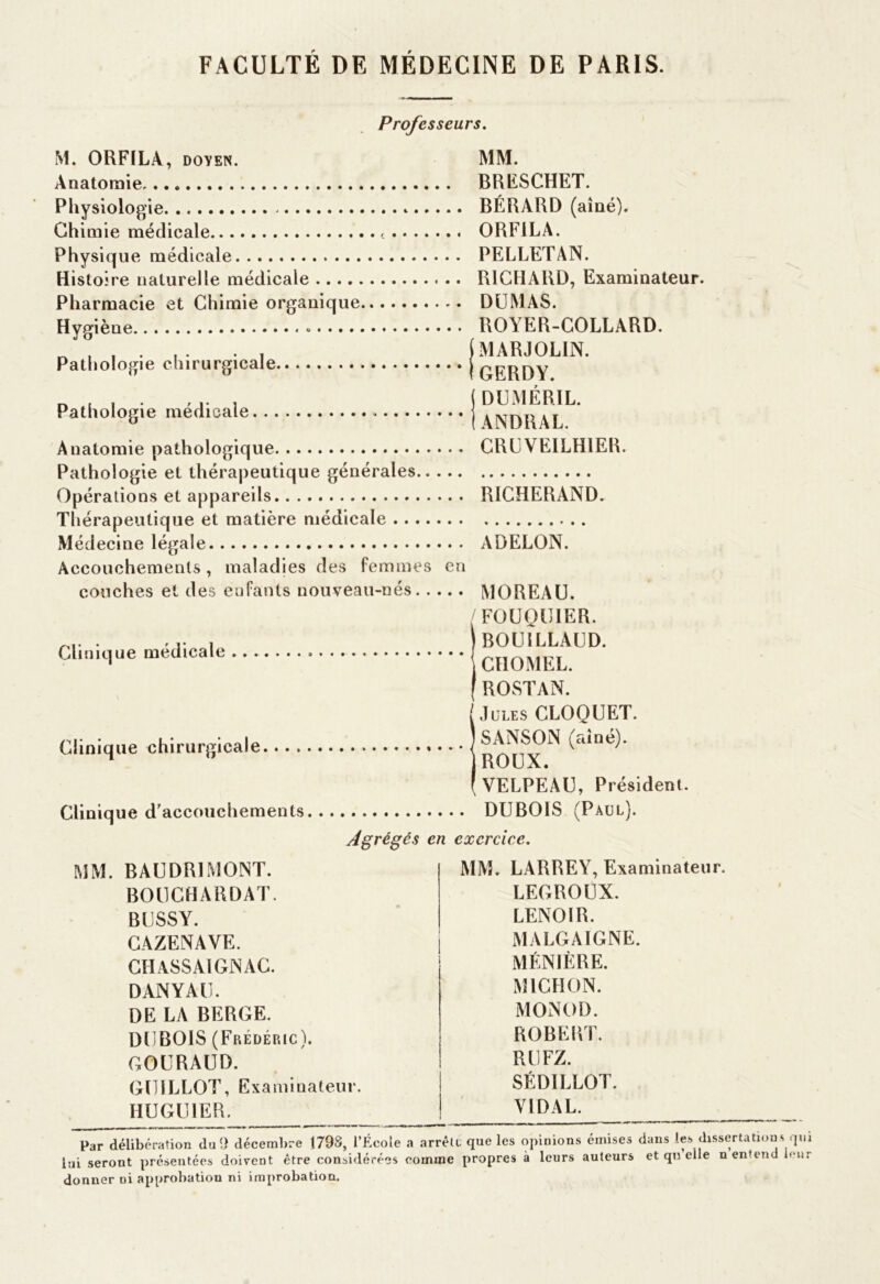 Professeurs. M. 0RF1LA, DOYEN. Anatomie Physiologie ».. Chimie médicale t.. .. Physique médicale Histoire naturelle médicale Pharmacie et Chimie organique Hygiène « Pathologie chirurgicale Pathologie médicale Anatomie pathologique Pathologie et thérapeutique générales.. Opérations et appareils Thérapeutique et matière médicale . . .. Médecine légale Accouchements, maladies des femmes couches et des enfants nouveau-nés. . MM. BRESCHET. BÉRARD (aîné). ORF1LA. PELLETAN. RICHARD, Examinateur. DUMAS. ROYER-COLLARD. IMARJOLIN. GERDY. ( DUMÉRIL. j ANDRAL. CRUVEILH1ER. RICHERAND. ADELON. MOREAU. FOUQUIER. BOU1LLAUD. CHOMEL. ROSTAN. Jules CLOQUET. SANSON (aîné). ROUX. VELPEAU, Président. Clinique d’accouchements DUBOIS (Paul). Agrégés en exercice. BAUDR1MONT. MM. LARREY, Examinateur. BOUCHARDAT. LEGROUX. BUSSY. LENOIR. CAZENAVE. MALGAIGNE. CH ASS Al GN AC. MÉNIÈRE. DANYAU. M1CHON. DE LA BERGE. MONOD. DUBOIS (Frédéric). ROBERT. GOURAUD. RUFZ. GU ILLOT, Examinateur. SÉDILLOT. HUGUIER. YIDAL. Par délibération du 9 décembre 179S, l’École a arrête que les opinions émises dans les dissertations qui lui seront présentées doivent être considérées comme propres à leurs auteurs et qn elle n entend L-n: donner ui approbation ni improbation. Clinique médicale Clinique chirurgicale,