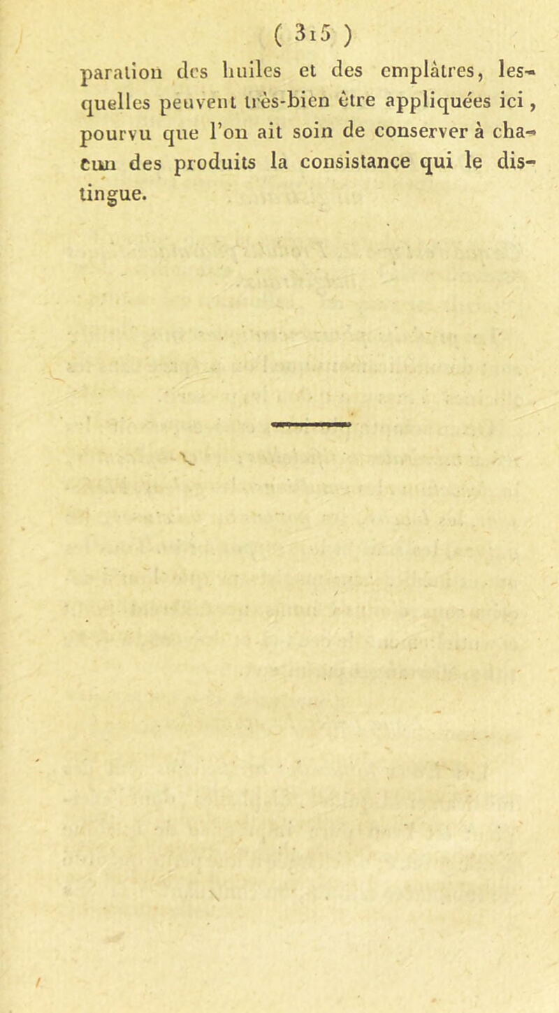 paralîoii des huiles et des emplâtres, les- quelles peuvent très-bien être appliquées ici, pourvu que l’on ait soin de conserver à cha- cun des produits la consistance qui le dis- tingue. V \