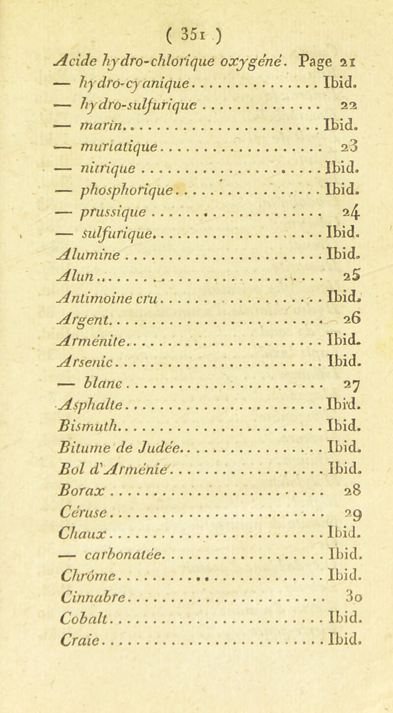 Acide hjdro-chlorique oxygéné. — hydro-cyanique — hydro-suljurique — marin w— muriatique — niiiique — phosphorique — prussique — sulfurique Alumine Alun Antimoine cru Argent Arménite Arsenic — blanc Asphalte Bismuth Bitume de Judée Bol d'Arménie' Borax Céruse Chaux — carbonatée Chrome Cinnabre Cobalt Craie Page 21 ... Ibid. Ibid. Ibid. Ibid. 24 Ibid. Ibid. 25 Ibid, 26 Ibid. Ibid. 27 Ibi'd. Ibid. Ibid. Ibid. 28 29 Ibid. Ibid. Ibid. 30 Ibid. Ibid.