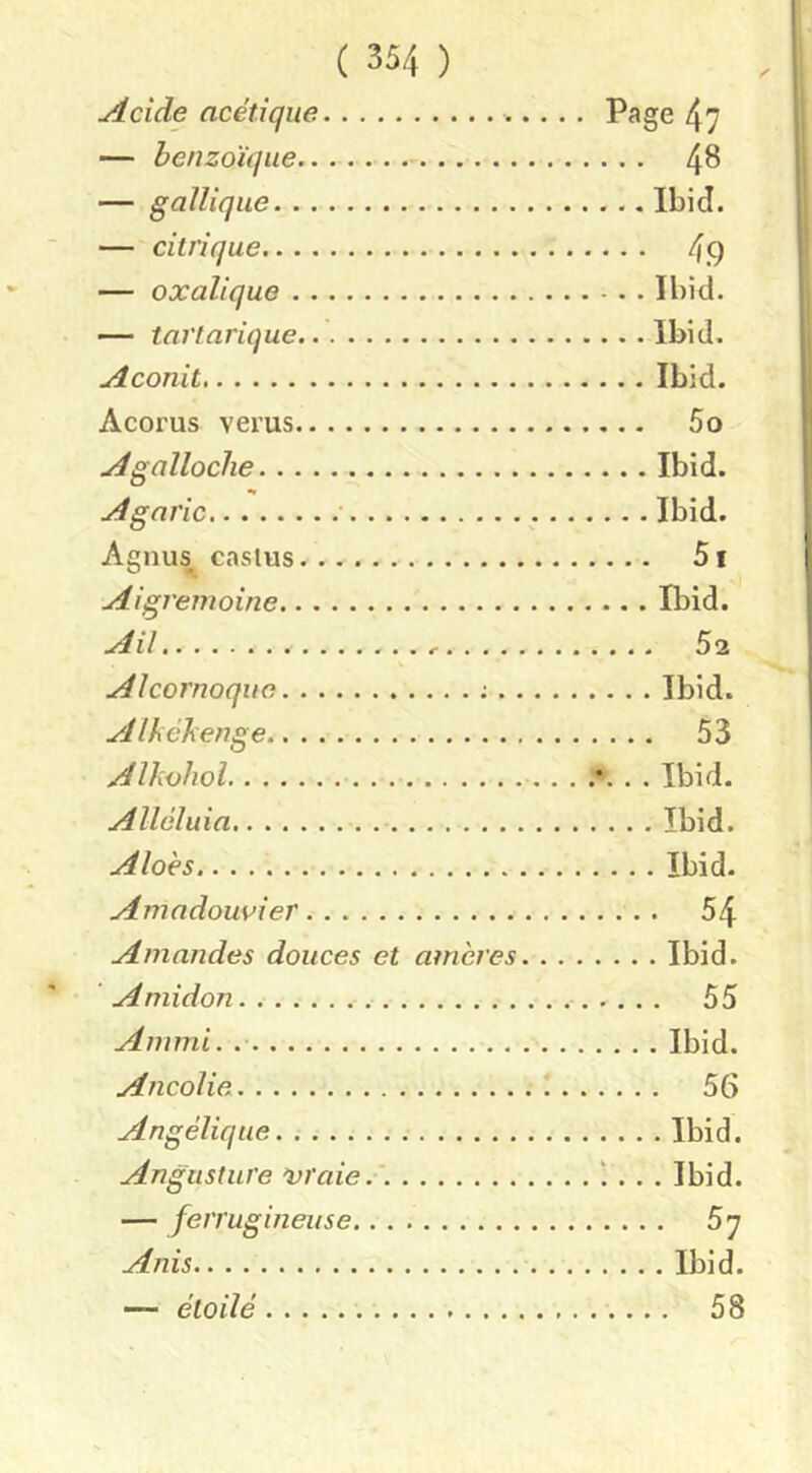 Acide acétique Page 47 — benzoïque 4^ — gallique Ibid. — citrique 4.9 — oxalique Ibid. — tartarique Ibid. Aconit Ibid. Accrus verus 5o Agalloche Ibid. Agaric Ibid. Agnu^ casius 51 Aigremoine Ibid. AU 52 Alcornoque ; Ibid. Alkélienge 53 Alkohol Ibid. Alléluia Ibid. Aloes Ibid. Amadouvier 54 Amandes douces et amères Ibid. 'Amidon 55 Ammi. Ibid. Ancolie 56 Angélique Ibid. Angusture vraie.'. !... Ibid. — ferrugineuse 5 7 Anis Ibid. — étoilé 58