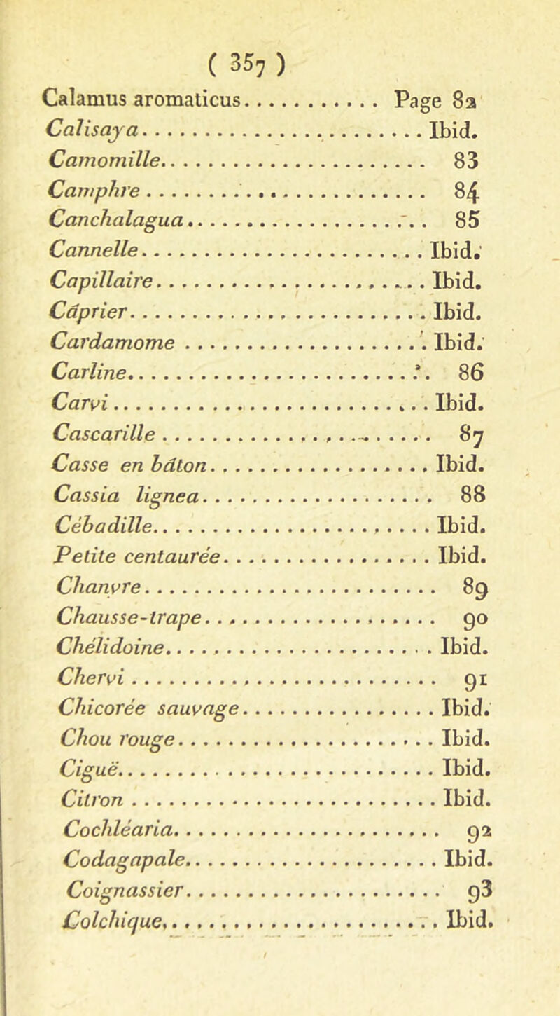 Calamus aromaticus.... Calisaya Camomille Camphre - Canchalagua Cannelle Capillaire Câprier Cardamome Carline Car^i Cascarille Casse en bâton Cassia lignea Cébadille Petite centaurée Chanvre Chausse-trape....... Chélidoine Chervi Chicorée sauvage. . . . Chou rouge Ciguë. Citron Cochléaria Codagapale Coignassier Colchique, Page 8a ... Ibid. .. - 83 ... 84 . 85 ... Ibid. ...Ibid. ... Ibid. ..'.Ibid. 86 ... Ibid. ,... 87 ... Ibid. .... 88 ... Ibid. ... Ibid. .... 89 .... 90 ,.. . Ibid. .... 91 .... Ibid. .... Ibid. .... Ibid. .... Ibid. .... 92 .... Ibid. .... 93 ...-.Ibid.