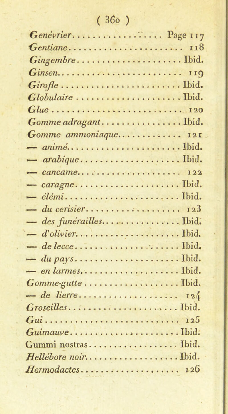 Genévrier V.... Page 117 Gentiane 118 Gingembre Ibid. Ginsen 119 Girofle Ibid. Globulaire Ibid. Glue 120 Gomme adra gant Ibid. Gomme ammoniaque 121 — animé. Ibid. — arabique. Ibid. — cancame. 122 caragne Ibid. — élémi Ibid. — du cerisier 128 — des funérailles Ibidi — d'olivier Ibid. — delecce Ibid. — du pays Ibid. — en larmes Ibid. Gomme-gutte Ibid. — de lierre 124 Groseilles Ibid. Gui 125 Guimauve ». Ibid. Gurami noslras Ibid. Hellébore noir. Ibid. Hermodactes 126