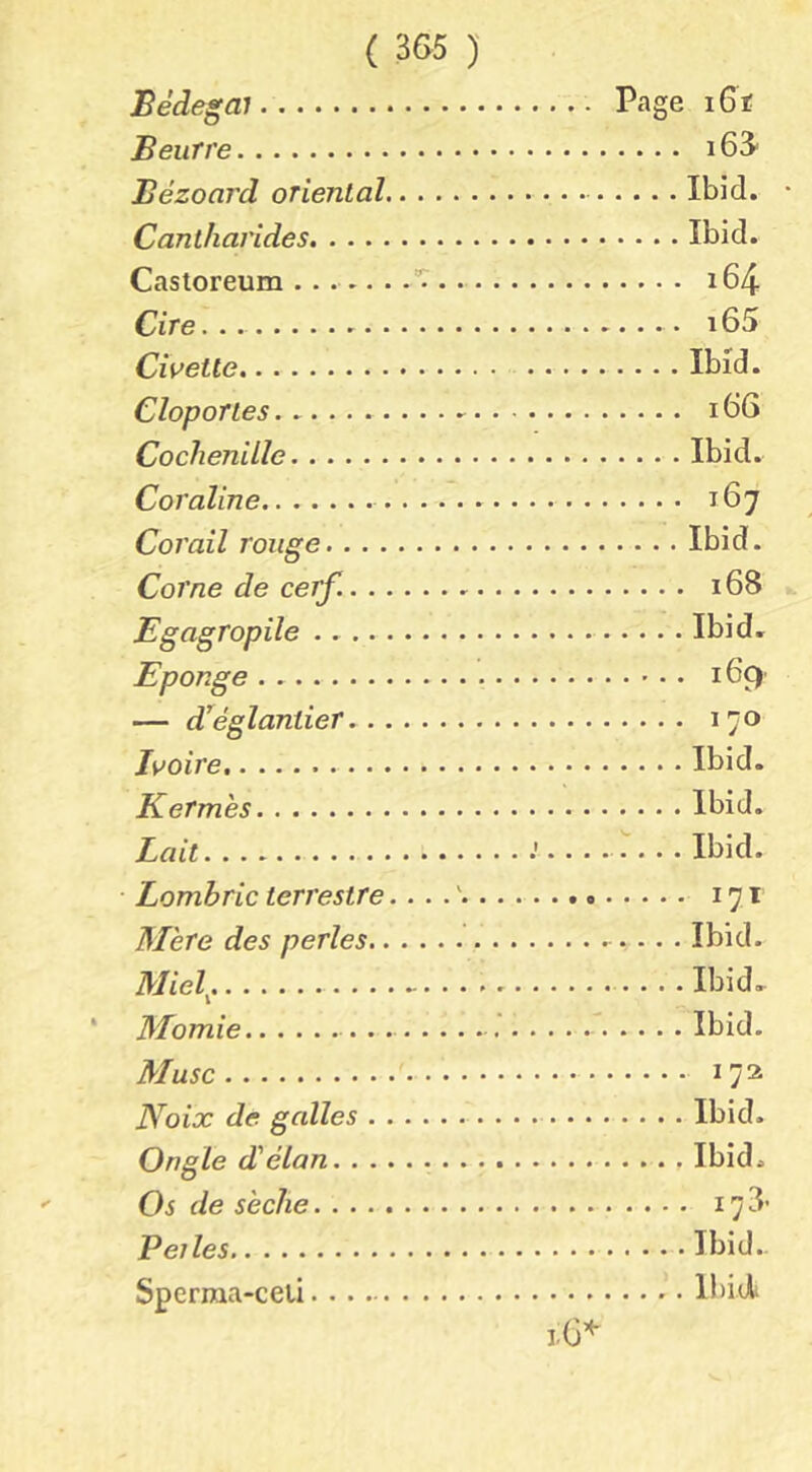 Bédegai Beurre Bézoard oriental. Cantharides Castoreum . . — . Cire Civette Cloportes Cochenille Coraline Corail rouge. . . . Corne de cerf.. .. Egagropile .... Eponge — d'églantier... Ivoire Kermès Lait Lombric terrestre Mère des perles.. Mie\ Momie Musc Noix de galles . Ongle d'élan. . . Os de sèche Pelles Sperraa-ceii Page iGi .... i6^ . . .. Ibid. ... . Ibid. .... i64 .... i65 .... Ibid. .... i66 .... Ibid. .... 167 ....Ibid. .... 168 .... Ibid. 169 .... 170 .... Ibid. .... Ibid. ....Ibid. .... 171 .... Ibid. .... Ibid. .... Ibid. .... 172 .... Ibid. .... Ibid. Ibid.. Ibid