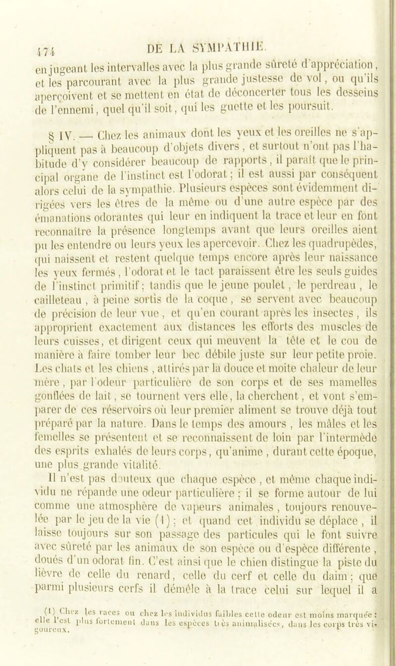 en jugeant les intervalles avec la plus grande sûreté d’appréciation, et les parcourant avec la plus grande justesse de vol, ou qu'ils aperçoivent et se mettent en état de déconcerter tous les desseins de l’ennemi, quel qu’il soit, qui les guette et les poursuit. r [y. Chez les animaux dont les yeux et les oreilles ne s'ap- pliquent pas à beaucoup d’objets divers , et surtout n’ont pas l'ha- bitude d’y considérer beaucoup de rapports , il paraît (pie le prin- cipal organe de l'instinct est l'odorat; il est aussi par conséquent alors celui de la sympathie. Plusieurs espèces sont évidemment di- rigées vers les êtres de la même ou d’une autre espèce par des émanations odorantes qui leur en indiquent la trace et leur en font reconnaître la présence longtemps avant que leurs oreilles aient pu les entendre ou leurs yeux les apercevoir. Chez les quadrupèdes, qui naissent et restent quelque temps encore après leur naissance les yeux fermés, l’odorat et le tact paraissent être les seuls guides de l’instinct primitif; tandis que le jeune poulet, le perdreau , le cailleteau , à peine sortis de la coque , se servent avec beaucoup de précision de leur vue , et qu’en courant après les insectes , ils approprient exactement aux distances les efforts des muscles de leurs cuisses, et dirigent ceux qui meuvent la tète et le cou de manière à faire tomber leur bec débile juste sur leur petite proie. Los chats et les chiens , attirés par la douce et moite chaleur de leur mère, par l'odeur particulière de son corps et de ses mamelles gonflées de lait, se tournent vers elle, la cherchent, et vont s’em- parer de ces réservoirs où leur premier aliment se trouve déjà tout préparé par la nature. Dans le temps des amours , les mâles et les femelles se présentent et se reconnaissent de loin par l’intermède des esprits exhalés de leurs corps, qu’anime , durant cette époque, une plus grande vitalité. Il n’est pas douteux que chaque espèce , et même chaque indi- vidu ne répande une odeur particulière ; il se forme autour de lui comme une atmosphère de vapeurs animales , toujours renouve- lée par le jeu de la vie ( I ) ; et quand cet individu se déplace , il laisse toujours sur son passage des particules qui le font suivre avec sûreté par les animaux de son espèce ou d'espèce différente , doués d un odorat fin. C’est ainsi que le chien distingue la piste du lièvre de celle du renard, celle du cerf et celle du daim ; que parmi plusieurs cerfs il démêle à la trace celui sur lequel il a (1) Chez les races ou elle l’est plus fortement goureux. chez les individus faibles celle odeur est moins marquée: dans les espèces liés aninuilisécs, clans les corps très vit