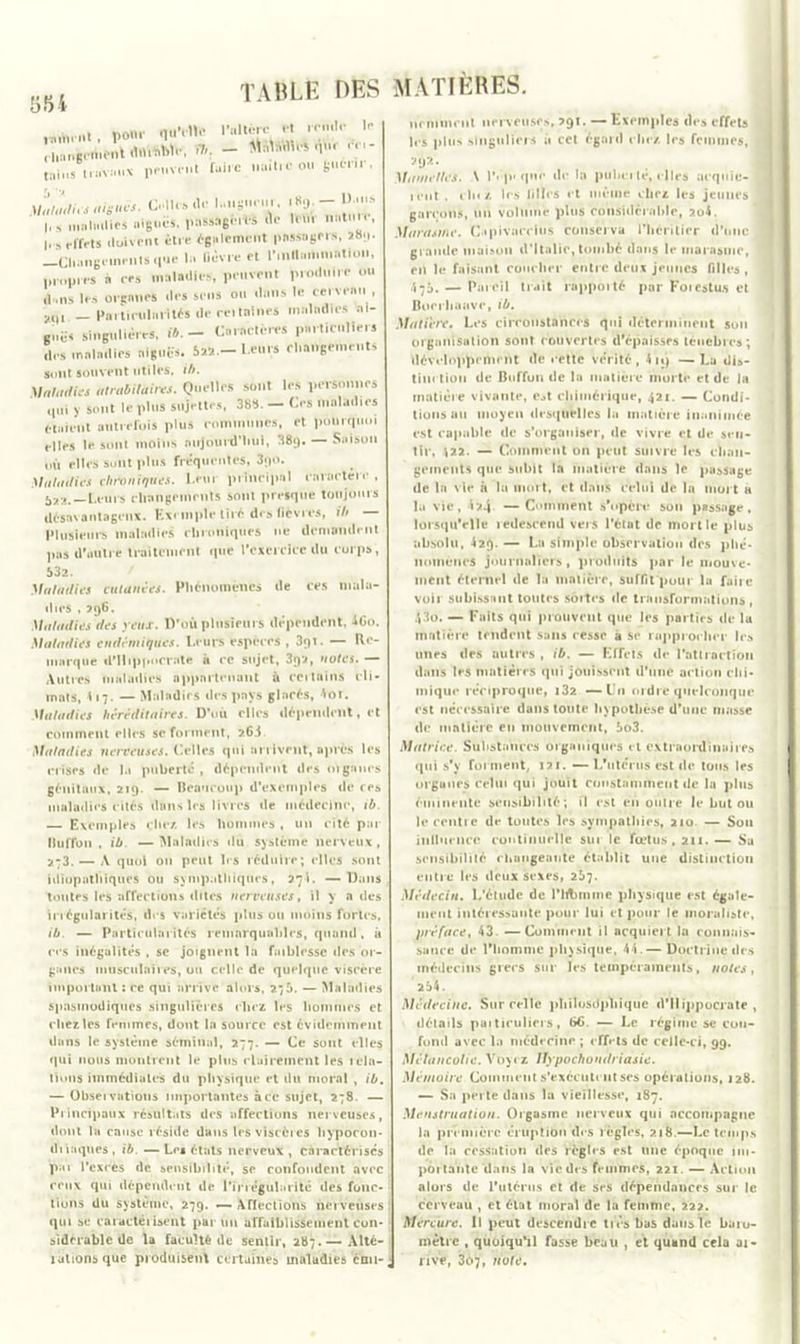 354 rtftrftt. pom- quvnc IMUêre rt •*» l- H.nhgcAicnt -7-. - «**«1' taii.s*ln>v'nix pemfnt fuiic «ailic ou 6»™i . I,, tmihulics aigues. iiiissagoità (V loin nntni , |. s rITrts doivent être ÿg.lemcnt pMMger», a»‘J- Cliangvinrnls que la Uàv.e et l'inlloi.mint.o, propres à res maladies, peuvent produire ou dans les organes des sens ou dans le cerveau , p _ Partirulnrt’Us de reitalnes maladies oi- gnes singulières, ib.- Caractères particuliers des maladies aiguës. 5*2.- l eurs changements sont souvent utiles, ib. Maladies atrabilaires. Quelles sont les personnes qui S sont le plus sujettes, 385. — Ces maladies étaient autrefois plus rommnnes, et pourquoi elles le sont moins aujourd’hui, 38p. Saison où elles sont plus fréquentes, 3;)0. Maladies clinuiiques. l.eui principal earaetère , 5**.—Leurs changements sont presque toujours désavantageux. Exemple Ijré des lièvres, Ht — Plusieurs maladies chroniques ne demandent pas d’autre traitement que l’exercice du corps, 532. Maladies cutanées. Phénomènes de ces mala- «lies , 796. Maladies des yeux. D’où plusieurs dépendent, 4Go. Maladies endémiques. Leurs espères , 3qi. — fte- itinrque d'Ilippocmte a ce sujet, 397, notes.— Autres maladies appartrnant à certains cli- innts, <17. — Maladies des pays glacés, *oi. Maladies héréditaires. D'où clics dépendent, et comment elles se forment, 2.63. Maladies nerveuses. Celles qui arrivent, après 1rs crises de l.i pubertc, dépendent des oignnes génitaux, 219. — Beaucoup d’exemples de res maladies cités dans les livres «le médecine, ib. — Exemples çlic/. les hommes , un cité par Ihi(Ton . ib. —Maladies «lu système nerveux, 2-3. — A quoi on peut les réduire; elles sont idiopathiques ou sympathiques, 27». — Dans toutes les affections dites nerveuses, il y a des irrégularités, des variétés plus ou moins fortes, ib. — Particularités remarquables, quand, à «•«•s inégalités , se joignent la faiblesse «les or- ganes musculaires, ou celle de quelque viscère importunl : re qui arrive alors, 275. — Maladies spasmodiques singulières chez les hommes et chez les femmes, dont la source est évidemment dans le système séminal, 277. — Ce sont elles qui nous montrent le pins clairement les 1 da- tions immédiates du physique et du moral , ib. — Obseï vutions importantes à ce sujet, 278. — Principaux résultats des affections nerveuses, dont la cause réside dans 1rs viscères bypocon- dilaques, ib. —Le* états nerveux, caractérisés pai l’excès de sensibilité, se confondent avec ceux qui dépendent de l’irrégularité des fonc- tions du système, 279. — Affections nerveuses qui se caractérisent par un affaiblissement con- sidérable de la faculté de sentir, 287.— Alté- rations que produisent certaines maludies émi- nemment nerveuses, 291. — Exemples des effets 1rs plus singuliers ;i cet égard chez. 1rs femmes, 792. Mamelles. \ l’< p> que de la pultci lé, elles acquie- 1 rut . «In/. lis lilles «t même chez les jeunes garçons, un volume plus considérable, 2o4. Marasme. Capivnccius conserva riiérilier d'une gi amie maison d’Italie, tombé dans le marasme, en le faisant coucher entre deux jeunes filles, 473. — Pareil trait rapporté par Foicstus et Boerhaave, ib. Matière. Les circonstances qui déterminent son organisation sont rouvertes d'épaisses ténèbres; développement de rette vérité, 4 19 — La dia- tim tion de Buffon de la matière morte et de la matière vivante, Cjt chimérique, 421. — Condi- tions au moyen desquelles la matière inanimée est capable de s’organiser, de vivre et de sen- tir, 422. — Comment 011 peut suivre les chan- gements que subit la matière dans le passage de la vit* à la mort, et dans celui de la mort a la vie, 47-4 —Comment s’opère son passage, lorsqu'elle redescend vers l'état de moitié plus absolu, 429. — La simple observation des phé- nomènes journaliers, produits par le mouve- ment éternel de la matière, suffit pour la faire voir subissant toutes sortes «le transformations , 43o. — Faits qui prouvent que les parties de la matière tendent sans resse à se rapprorlwT les unes des autres , ib. — Effets de l’attraction dans les matières qui jouissent d’une action chi- mique réciproque, i32 —Un ordre quelconque est nécessaire dans toute hypothèse d’une masse de matière en mouvement, 5o3. Matrice. Substances organiques et extraordinaires qui s'y forment, 121. —L’u té rus est de tous les orgunes celui qui jouit constamment de la plus éminente sensibilité; il est en outre le but ou le centre de toutes les sympathies, 210 — Sou iiilluencc continuelle sur le fœtus, 211. — Sa sensibilité changeante établit une distinction entre les deux sexes, 267. Médecin. L’étude de l’Hbmme physique est égale- ment intéressante pour lui et pour le moraliste, préface, 43. —Comment il acquiert la connais- sance de l’homme physique, 44.— Doctrine des médecins grecs sur les tempéraments, notes, 2b4. Médecine. Sur celle phitosdpliique d’Hippocrate, détails paiticuliers, 66. — Le régime se con- fond avec la médecine ; effets de celle-ci, 99. Mélancolie. Voyez Jfypochondriasie. Mémoire Comment s'exécutent ses opérations, 128. — Sa perte dans la vieilless»*, 187. Menstruation. Orgasme nerveux qui accompagne la première éruption des règles, 7.18.—Le temps de la cessation des reghs est une époque im- portante dans la vie des femmes, 221. — Action alors de l’utérus et de ses dépendances sur le cerveau , et état moral de la femme, 222. Mercure. Il peut descendre très bas dans le baro- mètre , quoiqu’il fasse beau , et quand cela ai- rivV, 307, noie.
