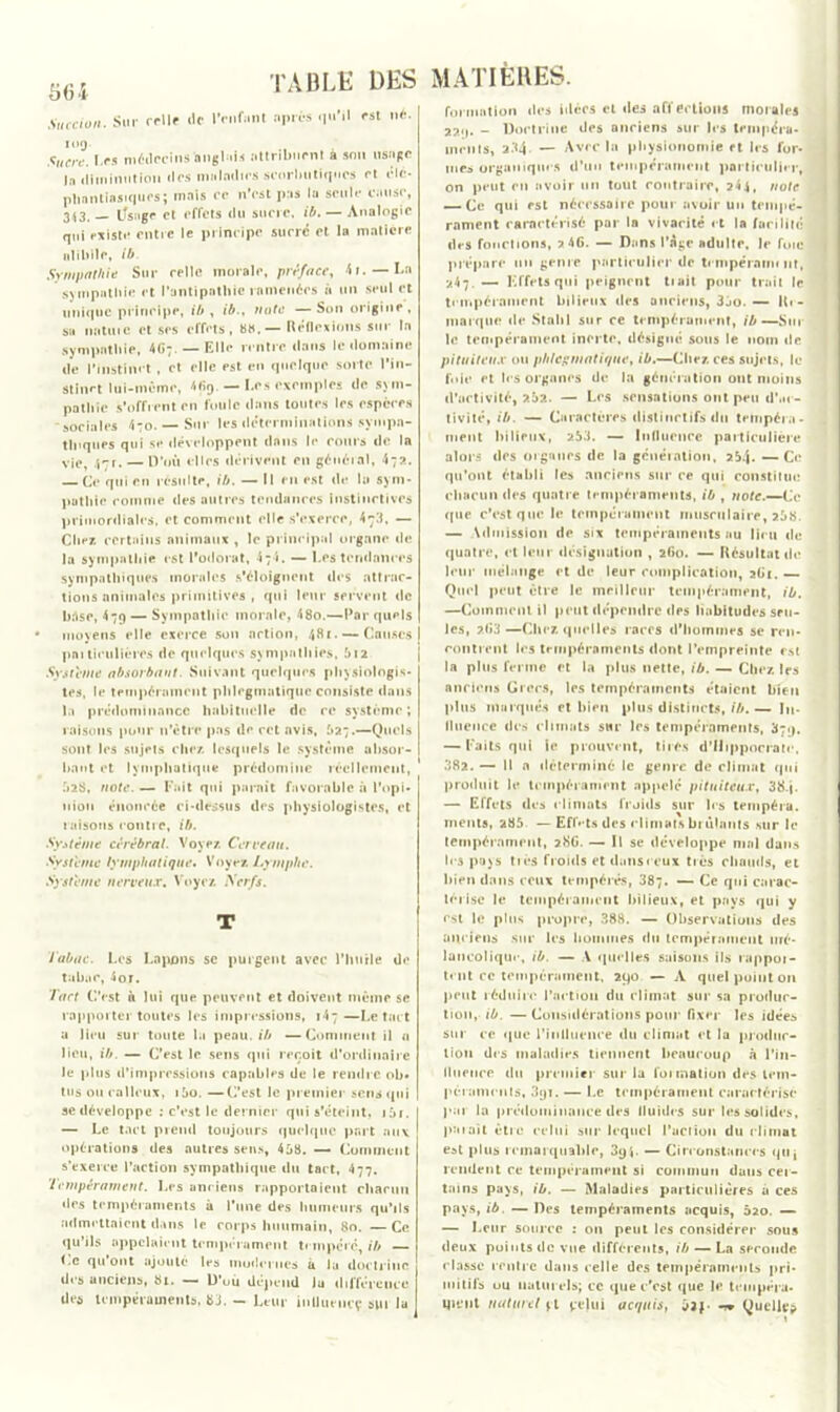 56* TABLE DES Succion. Sur rrllr <lc l’enfant après qu’il est né. IOQ Sucre. 1 .es médecins anglais attribuent à snn usage la (limintition des maladies scorbutiques et clc- pbantiasiques; mais ce n’est pas la seule cause, 343. — tfsage et effets du sucic. ib, — Analogie qui existe entre le principe sucré et la matière nlibile, ib Sympathie Sur celle morale, préface, 4i. —La sympathie et l’antipathie ramenées a un seul et unique principe, ib , ib., vote —Son origine, su iiatuic et ses effets, 88. — Réflexions sur la sympathie, 4G;. — Elle rentre dans le domaine de l’instinct, et elle est en quelque sorte l'in- stinct lui-même, *69. — Les exemples de sym- pntliie s’offrent en foule dans toutes les especes sociales 470. — Sur les déterminations sympa- thiques qui se développent dans le cours de la vie, 471. — D'où elles dérivent en généial, 47?. — Ce qui en résulte, ib. — Il en est de la sym- pathie comme des autres tendances Instinctives primordiales, et comment elle s’exerce, 473, — Cher, certains animaux , le principal organe de la sympathie est l’odorat, 47 i. — Les tendances sympathiques morales s’éloignent des attrac- tions animales primitives , qui leur servent de bése, 479 — Sympathie morale, 48o.—Par quels moyens elle exerce son action, 48». — Causes pnitieuliéres de quelques sympathies, 5i2 Système absorbant. Suivant quelques physiologis- tes, le tempérament phlegmatiquc consiste dans la prédominance habituelle de re système ; raisons pour n’ètre pas de cet avis, {>27.—Quels sont les sujets cher, lesquels le système absor- bant et lymphatique prédomine réellement, :>2S, note. — Fait qui parait favorable à l’opi- nion énoncée ci-dessus des physiologistes, et raisons contre, ib. Système cérébral. Voyez. Cerveau. Système lymphatique. Voyez. Lymphe. Système nerveux. Voyez Serfs. T tabac. Les Lapons se purgent avec l’huile de tabac, 4or. Tact C’est n lui que peuvent et doivent même se rapporter toutes les impressions, i4;—Le tact a lieu sur toute la peau, ib —Comment il a lieu, ib. — C’est le sens qui reçoit d'ordinaire le plus d’impressions capables de le rendre ob- tus ou calleux, i5o. —C’est le premier sens qui se développe : c’est le dernier qui s’éteint, i:>i. — Le tact prend toujours quelque part aux opérations des autres sens, 438. — Comment s’exerce l’action sympathique du tact, 477. 'tempérament. Les anciens rapportaient charnu des tempéraments à l’une des humeurs qu’ils admettaient dans le corps huumain, 80. — Ce qu’ils appelaient tempérament tempéré, ib — Ce qu’ont ajouté les modernes à la doctrine des anciens, 81. — D’où dépend Ju différence dea tempéraments, 8j. — Leur inUuencç sui lu MATIÈRES. formation des idées cl des affections morales 22(). - Doctrine des anciens sur les tempéra- ments, a.'<4 — Avec la physionomie et les for- mes organiques d'un tempérament particulier, 4 on peut en avoir un tout contraire, 244, note \ — Ce qui est nécessaire pour avoir un tempe- ] rament caractérisé par la vivacité et la facilité J des fonctions, 7 46. — Dans l'âge adulte. Je fine j prépare un genre particulier de tempéraim ut, *4-7 — Effets qui peignent tiait pour trait le tempérament bilieux des anciens, 3Jo.— Re- marque de Stalil sur ce tempérament, ib— Sur le tempérament inerte, désigné sous le nom de pituiteux ou phfepmatique, ib.—Chez, ces sujets, le fuie et les organes de la génération ont moins d’activité, ?.b2. — Les sensations ont peu d’.ic- tivité, ib. — Caractères distinctifs du tempéra- ment bilieux, a53. — Influence particulière alors des organes de la génération, 254. —Ce qu’ont établi les anciens sur ce qui constitue chacun des quatre tempéraments, ib , note.—Ce (jue c’est que le tempérament musculaire, 268. — Admission de six tempéraments au lieu de quatre, et leur désignation , 260. — Résultat tie - leur mélange et de leur complication, 261. Quel peut être le meilleur tempérament, ib. —Comment il peut dépendre des habitudes seu- les, 2.63 —Chez, quelles races d'hommes se ren- contrent les tempéraments dont l’empreinte est la plus ferme et la plus nette, ib. — Chez, les anciens Grecs, les tempéraments étaient bien plus marqués et bien plus distincts, ib.— In- fluence des climats sur les tempéraments, 379. — Faits qui ie prouvent, tires d’Hippocrate. ' 382. — Il a déterminé le genre de climat qui produit le tempérament appelé pituiteux, 38.j. — Effets des climats froids sur les tempéra, nients, 285 — Effets des climats brûlants sur le tempérament, 28G. — Il se développe mal dans 1rs pays tics froids et dansi eux très chauds, et bien dans ceux tempérés, 387. — Ce qui carac- térise le tempérament bilieux, et pays qui y est le plus propre, 388. — Observations des anciens sur les hommes du tempérament mé- lancolique, ib. — A quelles saisons ils tappoi- t« nt ce tempérament, 290 — A quel point 011 peut réduire l’action du climat sur sa produc- tion, ■ ib. —Considérations pour fixer les idées sur ce que l’iiilluence du climat et la produc- tion drs maladies tiennent beaucoup à l’in- fluence du premier sur ia fonnation des tein- péraments, 891. — Le tempérament caractérise par la prédominance des fluides sur les solides, parait être celui sur lequel l’aciiou du climat est plus remarquable, 3yi. — Circonstances qtij rendent ce tempérament si commun dans cer- tains pays, ib. — Maladies particulières à ces pays, ib. — Des tempéraments acquis, 620. — — Leur source : ou peut les considérer sous deux points de vue différents, ib — La seconde classe rentre dans celle des tempéraments pri- mitifs ou naturels; ce que c’est que le tempéra- iprut naturel jt pejui acquis, -r» Quelle?