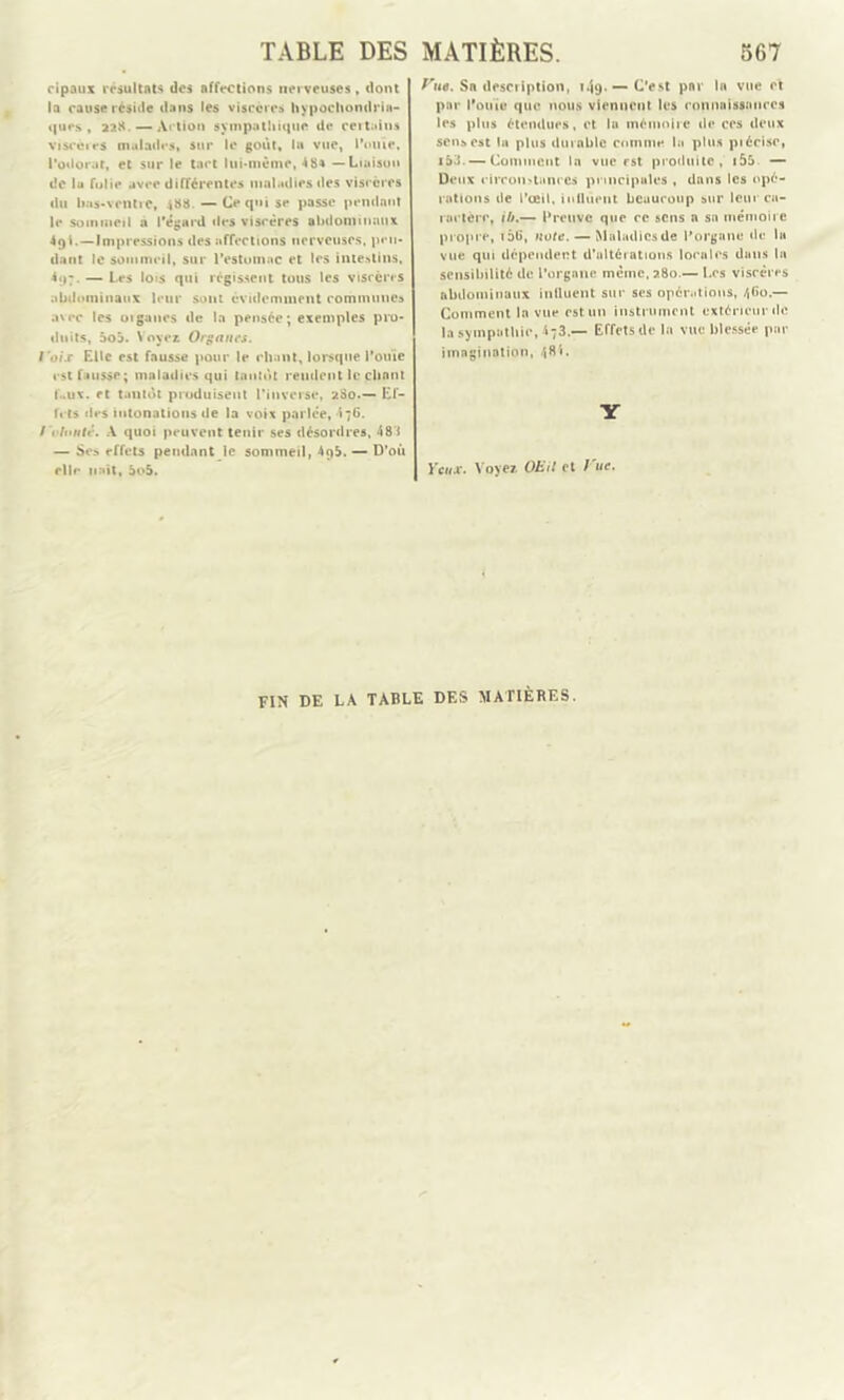 cipaux résultats des affections nerveuses, dont la cause réside dans les viscères hypocondria- ques, 228.— Action sympathique de certains viscères malades» sur le goût, la vue, l’ouïe, l’odorat, et sur le tact lui-même, 48* — Liaison de la folie avec différentes maladies des viscères du bas-ventic, 488.—Ce qui se passe pendant le sommeil a l’égard des viscères abdominaux 491.—Impressions des affections nerveuses, pen- dant le sommeil, sur l’estomac et les intestins, 497. — Les lois qui régissent tous les viscères abdominaux leur sont évidemment communes avec les 01 gaucs de la pensée ; exemples pro- duits, aoü. Voyez Organes, l'ois Elle est fausse pour le chant, lorsque l’ouïe est fausse; maladies qui tantôt rendent le chant et tantôt produisent l’inverse, 280.— Ef- fets des intonations «le la voix parlée, 476. /\>h•Mtc. A quoi peuvent tenir ses désordres, 483 — Ses effets pendant le sommeil, 4qS. — D’où elle unit, 5o5. Vue. Sa description, 149* — C’est par la vue et par l’ouïe que nous viennent les connaissances les plus étendues, et la mémoire de ces deux sens est la plus durable comme la plus piécise, i53. — Comment In vue rst produite, 155 — Deux eircou'tances principales , dans les opé- rations de l’œil, influent beaucoup sur leur ca- ractère, ib.— Preuve que ce sens a sa mémoire propre, loti, note. — Maladies de l’organe de la vue qui dépendent d’altérations locales dans la sensibilité de l’organe même, 280.— Les viscères abdominaux influent sur ses opérations, 4(5o.— Comment la vue est un instrument extérieur de la sympathie, 473.— Effetsde la vue blessée par imagination, 481* Y Yeux. Voyez OEil et Vue. FIN DE LA TABLE DES MATIÈRES.