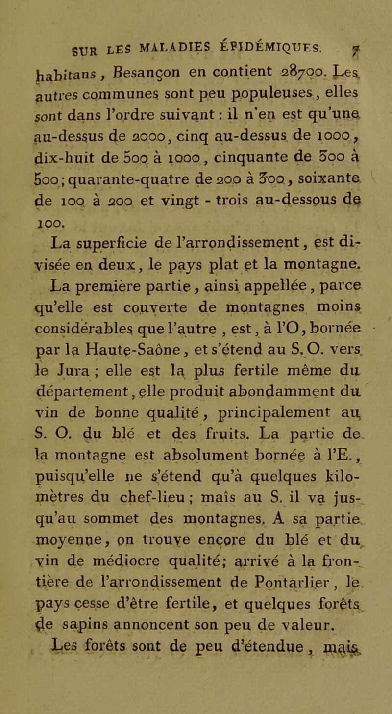 habitans , Besançon en contient 28700. Les, autres communes sont peu populeuses, elles sont dans l’ordre suivant : il n’en est qu’une au-dessus d.e 2000, cinq au-dessus de 1000, dix-huit de 5oo à 1000, cinquante de Zoo à 5oo; quarante-quatre de 200 à Zoo., soixante de 100 à 200 et vingt - trois au-dessous de 100. La superficie de l’arrondissement, est di- visée en deux, le pays plat et la montagne. La première partie, ainsi appellée , parce qu’elle est couverte de montagnes moins considérables que l’autre , est, à FO, bornée par la Haute-Saône, et s’étend au S. O. vers le Jura ; elle est la plus fertile même du département, elle produit abondamment du vin de bonne qualité, principalement au, S. O. du blé et des fruits. La partie de la montagne est absolument bornée à l’E., puisqu’elle ne s’étend qu’à quelques kilo- mètres du chef-lieu ; maïs au S. il va jus-, qu’au sommet des montagnes, A sa partie moyenne, on trouve encore du blé et du yin de médiocre qualité; arrivé à la fron- tière de l’arronciissement de Pontarlier, lé pays cesse d’être fertile, et quelques forêts de sapins annoncent son peu de valeur. Les forêts sont de peu d’étendue, mai&.
