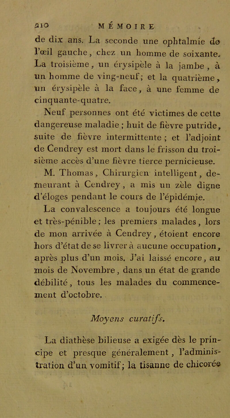 de dix ans. La seconde une ophtalmie de 1 œil gauche, chez un homme de soixante* La troisième, un érysipèle à la jambe , à un homme de ving-neuf; et la quatrième, un érysipèle à la face, à une femme de cinquante-quatre. Neuf personnes ont été victimes de cette dangereuse maladie ; huit de fièvre putride, suite de fièvre intermittente ; et l’adjoint de Cendrey est mort dans le frisson du troi- sième accès d’une fièvre tierce pernicieuse. M. Thomas, Chirurgien intelligent, de- meurant à Cendrey, a mis un zèle digne d’éloges pendant le cours de l’épidémie. La convalescence a toujours été longue et très-pénible ; les premiers malades , lors de mon arrivée à Cendrey, étoient encore hors d’état de se livrera aucune occupation, après plus d’un mois. J’ai laissé encore, au mois de Novembre, dans un état de grande débilité, tous les malades du commence- ment d’octobre. Moyens curatifs. La diathèse bilieuse a exigée dès le prin- cipe et presque généralement , l’adminis- tration d’un vomitif; la tisanne de chicorée