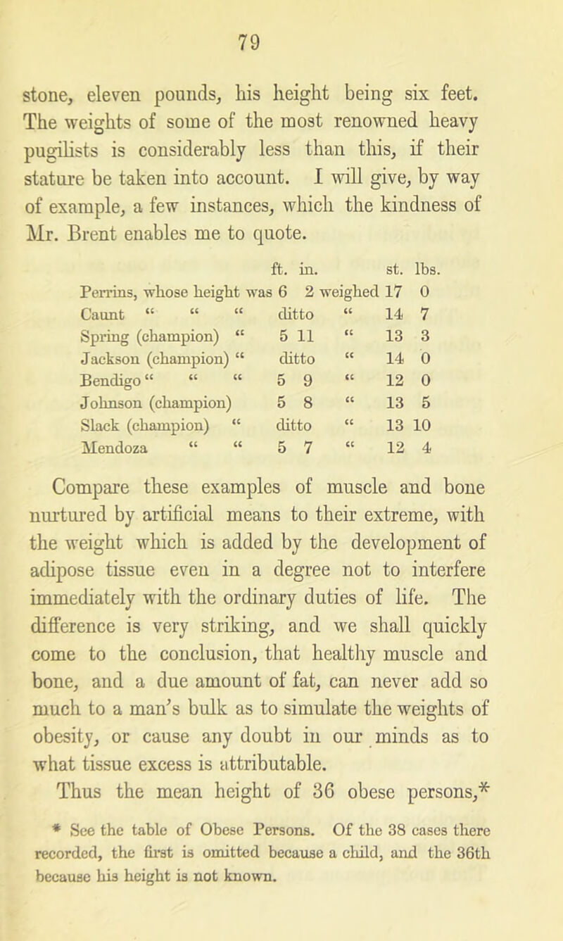 stone, eleven pounds, his height being six feet. The weights of some of the most renowned heavy pugilists is considerably less than this, if their statui-e be taken into account. 1 will give, by way of example, a few instances, which the kindness of Mr. Brent enables me to quote. ft. in. st. lbs. Perrins, -n-liose height was 6 2 weighed 17 0 Gaunt “ “ “ ditto C( 14, 7 Spring (champion) “ 5 11 (C 13 3 Jackson (champion) “ ditto u 14 0 Bendigo “ “ “ 5 9 tc 12 0 Johnson (champion) 5 8 u 13 5 Slack (champion) “ ditto cc 13 10 Mendoza “ “ 5 7 cc 12 4 Compare these examples of muscle and bone nm-tured by artificial means to their extreme, with the weight which is added by the development of adipose tissue even in a degree not to interfere immediately with the ordinary duties of life. The difference is very striking, and we shall quickly come to the conclusion, that healthy muscle and bone, and a due amount of fat, can never add so much to a man^s bulk as to simulate the weights of obesity, or cause any doubt in our minds as to what tissue excess is attributable. Thus the mean height of 36 obese persons,* * See the table of Obese Persons. Of the 38 eases there recorded, the fii'st is omitted becaxise a child, and the 36th because his height is not known.