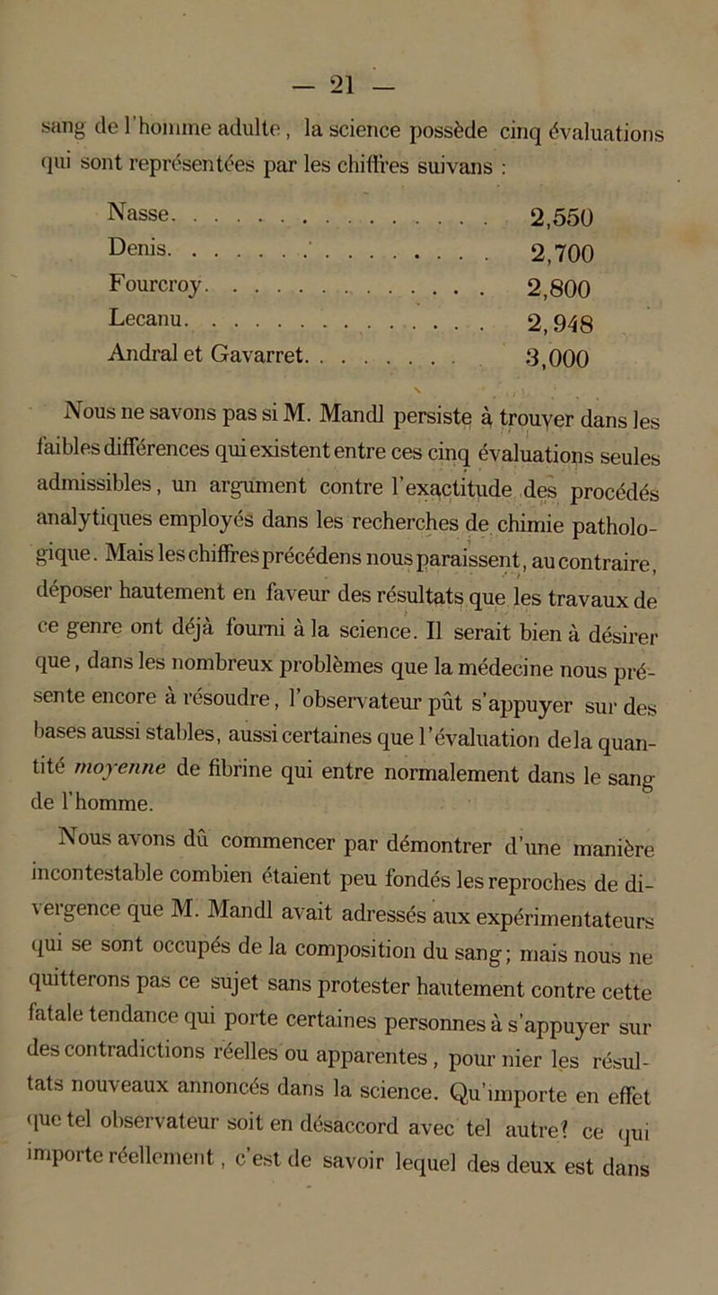 sang de l’homme adulte, la science possède cinq évaluations qui sont représentées par les chiffres suivans : Nasse. 2,550 Denis ‘ 2,700 Fourcroy 2,800 Lecanu 2,948 Andral et Gavarret 3,000 Nous ne savons pas si M. Mandl persiste à trouyer dans les faibles différences qui existent entre ces cinq évaluations seules admissibles, un argument contre l’exactitude des procédés analytiques employés dans les recherches de chimie patholo- gique. Mais les chiffres précédens nous paraissent, au contraire, déposer hautement en faveur des résultats que les travaux de ce genre ont déjà fourni à la science. Il serait bien à désirer que, dans les nombreux problèmes que la médecine nous pré- sente encore à résoudre, l’observateur pût s’appuyer sur des bases aussi stables, aussi certaines que l’évaluation delà quan- tité moyenne de fibrine qui entre normalement dans le sang de l’homme. Nous avons dû commencer par démontrer d’une manière incontestable combien étaient peu fondés les reproches de di- v ergence que M. Mandl avait adressés aux expérimentateurs qui se sont occupés de la composition du sang; mais nous ne quitterons pas ce sujet sans protester hautement contre cette fatale tendance qui porte certaines personnes à s’appuyer sui- des contradictions réelles ou apparentes, pour nier les résul- tats nouveaux annoncés dans la science. Qu’importe en effet que tel observateur soit en désaccord avec tel autre? ce qui importe réellement, c’est de savoir lequel des deux est dans