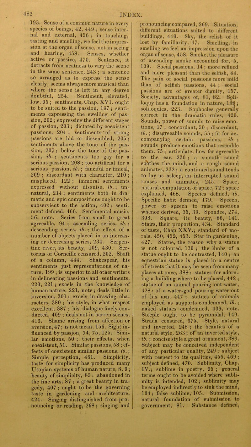 193. Sense of a common nature in every species ot beings, 42, 449 ; sense inter- nal and external, 450 ; in touching, tasting and smelling, we feel the impres- sion at the organ of sense, not in seeing and hearing, 458. Senses, whether active or passive, 470. Sentence, it detracts from neatness to vary the scene in the same sentence, 248 ; a sentence so arranged as to express the sense clearly, seems always more musical than where the sense is left in any degree doubtful, 254. Sentiment, elevated, low, 95 ; sentiments, Chap. XYI. ought to be suited to the passion, 197 ; senti- ments expressing the swelling of pas- sion, 202 ; expressing the different stages of passion, 203 ; dictated by coexistent passions, 204; sentiments ' of strong passions are hid or dissembled, 205 ; sentiments above the tone of the pas- sion, 207 ; below the tone of the pas- sion, ib. ; seutiments too gay for a serious passion, 208 ; too artificial for a serious passion, ib.; fanciful or finical, 209 ; discordant with character, 210 ; misplaced, 122 ; immoral sentiments expressed without disguise, ib. ; un- natural, 214 ; sentiments both in dra- matic and epic compositions ought to be subservient to the action, 402 ; senti- ment defined, 466. Sentimental music, 56, note. Series from small to great agreeable, 94 ; ascending series, ib. ; descending series, ib.; the effect of a number of objects placed in an increas- ing or decreasing series, 234. Serpen- tine river, its beauty, 109, 430. Ser- torius of Corneille censured, 202. Shaft of a column, 444. Shakespear, his sentiments just representations of na- ture, 199 ; is superior to all other writers in delineating passions and sentiments, 220, 221 ; excels in the knowledge of human nature, 221, note ; deals little in inversion, 301 ; excels in drawing cha- racters, 380 ; his style, in what respect excellent, 387; his dialogue finely con- ducted, 409 ; deals not in barren scenes, 413. Shame arising from affection or aversion, 47; is not mean, 156. Sight in- fluenced by passion, 74, 75, 125. Simi- lar emotions, 50 ; their effects, when coexistent, 51. Similar passions, 58 ; ef- fects of coexistent similar passions, ib.; Simple perception, 461. Simplicity, taste for simplicity has produced many Utopian systems of human nature, 8,9; beauty of simplicity, 85 ; abandoned in the fine arts, 87 ; a great beauty in tra- gedy, 407 ; ought to be the governing taste in gardening and architecture, 424. Singing distinguished from pro- nouncing or reading, 268 ; singing and pronouncing compared, 269. Situation, different situations suited to different buildings, 440. Sky, the relish of it lost by familiarity, 47. Smelling, in smelling we feel an impression upon the organ of sense, 458. Smoke, the pleasure of ascending smoke accounted for, 5, 109. Social passions, 14 ; more refined and more pleasant than the selfish, 44. The pain of social passions more mild than of selfish passions, 44 ; social passions are of greater dignity, 157. Society, advantages of, 81, 82. Spli- loquy has a foundation in nature, 18§ ; soliloquies, 223. Sophocles generally correct in the dramatic rules, 420. Sounds, power of sounds to raise emo- tions, 17 ; concordant, 50 ; discordant, ib. ; disagreeable sounds, 55 ; fit for ac- companying certain passions, ib. ; sounds produce emotions that resemble them, 75 ; articulate, how far agreeable to the ear, 230 ; a smooth sound soothes the mind, and a rough sound animates, 232 ; a continued sound tends to lay us asleep, an interrupted sound rouses and animates, 245. Space, natural computation of space, 72 ; space explained, 468. Species defined, ib. Specifio habit defined, 179. Speech, power of speech to raise emotions whence derived, 35, 39. Spondee, 274, 308. Square, its beauty, 86, 141. Stairs, their proportion, 434. Standard of taste, Chap XXV.; standard of mo- rals, 450, 452, 453. Star in gardening, 427. Statue, the reason why a statue is not coloured, 130 ; the limbs of a statue ought to be contrasted, 140 ; an equestrian statue is placed in a centre of streets that it may be seen from many places at once, 388 ; statues for adorn- ing a building where to be placed, 442 ; statue of an animal pouring out water, 428 ; of a water-god pouring water out of his urn, 447 ; statues of animals employed as supports condemned, ib.; naked statues condemned, 439, note. Steeple ought to be pyramidal, 140. Strada censured, 375. Style, natural and inverted, 248 ; the beauties of a natural style, 263 ; of an inverted style, ib. ; concise style a great ornament, 389. Subject may be conceived independent of any particular quality, 249 ; subject with respect to its qualities, 456, 469 ; subject defined, 470. Sublimity, Chap. IV.; sublime in poetry, 95 ; general terms ought to be avoided where subli- mity is intended, 102 ; sublimity may be employed indirectly to sink the mind, 104; false sublime, 105. Submission, natural foundation of submission to government, 81. Substance defined,