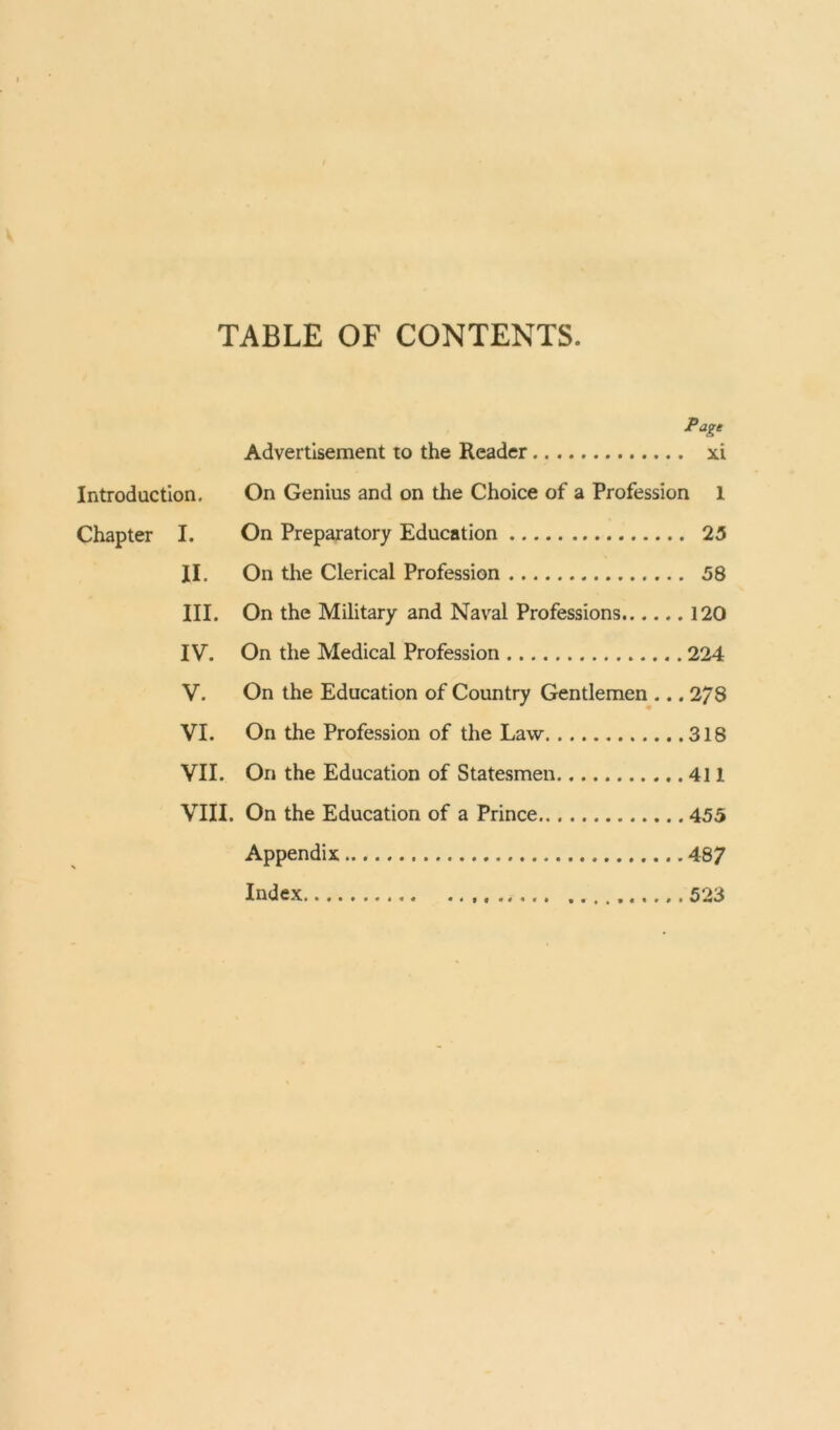 TABLE OF CONTENTS. Page Advertisement to the Reader xi Introduction. On Genius and on the Choice of a Profession 1 Chapter I. On Preparatory Education 23 II. On the Clerical Profession 38 III. On the Military and Naval Professions 120 IV. On the Medical Profession 224 V. On the Education of Country Gentlemen ... 278 VI. On the Profession of the Law 318 VII. On the Education of Statesmen 411 VIII. On the Education of a Prince 455 Appendix 487 Index 523