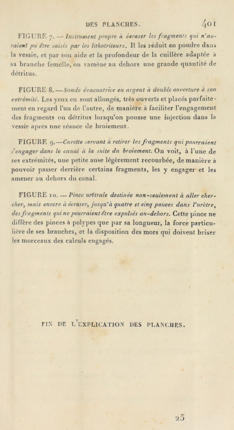 DES PLANCHES. 4o i FIGURE 7. — Instrument propre à ceraser les fragments qui n'au- raient pu être, saisis par les lithotriteurs. Il les réduit en poudre dans la vessie, et par son aide et la profondeur de la cuillère adaptée à sa branche femelle, on ramène au dehors une grande quantité de détritus. FIGURE 8. —Sonde évacuatrice en argent à double ouverture à son extrémité. Les yeux en sont allongés, très ouverts et placés parfaite- ment en regard l’un de l’autre, de manière à faciliter l’engagement des fragments ou détritus lorsqu’on pousse une injection dans la vessie après une séance de broiement. FIGURE 9.—Curette servant à retirer les fragments qui pourraient s’engager dans le canal à la suite du broiement. On voit, à l’une de ses extrémités, uue petite anse légèrement recourbée, de manière à pouvoir passer derrière certains fragments, les y engager et les amener au dehors du canal. FIGURE 10. — Pince ufétrale destinée non-seulement à aller cher- cher, mais encore a écraser, jusqu’à quatre et cinq pouces dans l’urètre, des fragments qui ne pourraient être expulsés au-dehors. Cette pince ne diffère des pinces «à polypes que par sa longueur, la force particu- lière de ses branches, et la disposition des mors qui doivent briser les morceaux des calculs engagés. FIN' DE T/EXPLICATION DES PLANCHES.