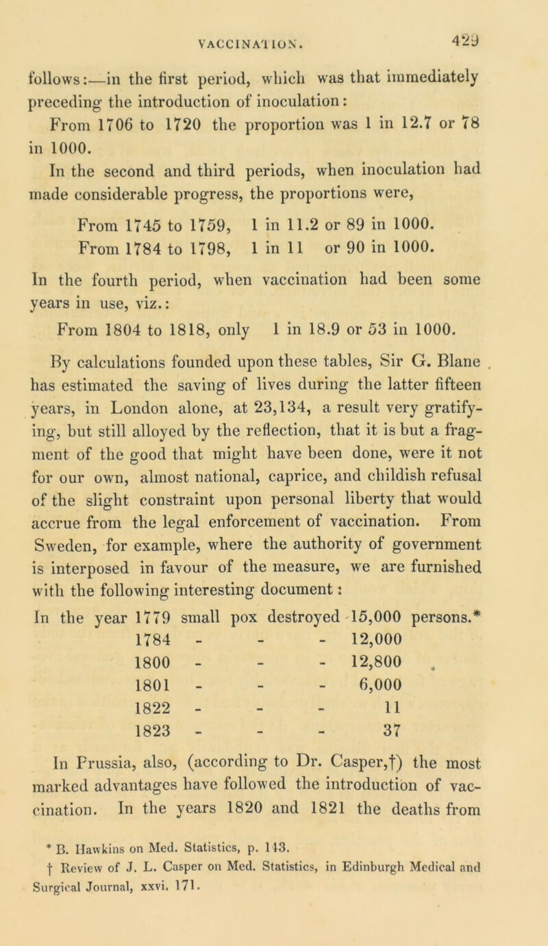 4*29 follows:—in the first period, which was that immediately preceding the introduction of inoculation : From 1706 to 1720 the proportion was 1 in 12.7 or 78 in 1000. In the second and third periods, when inoculation had made considerable progress, the proportions were, From 1745 to 1759, 1 in 11.2 or 89 in 1000. From 1784 to 1798, 1 in 11 or 90 in 1000. In the fourth period, when vaccination had been some years in use, viz.: From 1804 to 1818, only 1 in 18.9 or 53 in 1000. By calculations founded upon these tables, Sir G. Blane , has estimated the saving of lives during the latter fifteen years, in London alone, at 23,134, a result very gratify- ing, but still alloyed by the reflection, that it is but a frag- ment of the good that might have been done, were it not for our own, almost national, caprice, and childish refusal of the slight constraint upon personal liberty that would accrue from the legal enforcement of vaccination. From Sweden, for example, where the authority of government is interposed in favour of the measure, we are furnished with the following interesting document: In the year 1779 small pox destroyed 15,000 persons.* 1784 - - - 12,000 1800 - - - 12,800 1801 - - 6,000 1822 - - 11 1823 - _ 37 In Prussia, also, (according to Dr. Casper,f) the most marked advantages have followed the introduction of vac- cination. In the years 1820 and 1821 the deaths from * B. Hawkins on Med. Statistics, p. 113. t Review of J. L. Casper on Med. Statistics, in Edinburgh Medical and Surgical Journal, xxvi. 171.