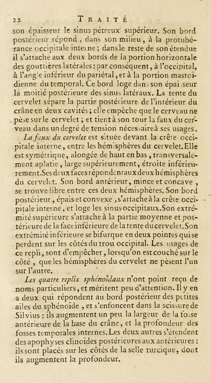 il Traite son épaisseur le sinus pétreux supérieur. Son bord postérieur répond , dans son milieu, à la protubé- rance occipitale interne; dans le reste de son étendue il s’attache aux deux bords de la portion horizontale des gouttières latérales : par conséquent, à l’cccipitaî, à l’ange inférieur du pariétal, et à la portion mastoï- dienne du temporal. Ce bord loge dan . son épai seur la moitié postérieure des sinus latéraux. La tente du cervelet sépare la partie postérieure de l’intérieur du crâne en deux cavités ; elle empêche que le cerveau ne pè^esurle cervelet ; et tient à son tour la faux du cer- veau dans un degré de tension nécessaire à ses usages. La faux du cervelet est située devant la crête occi- pitale interne, entre les hémisphères du cervelet.Elle est symétrique, alongée de haut en bas , transversale- ment aplatie, large supérieurement, étroite inférieu- rement.Ses deux faces répondenrauxdeux hémisphères du cervelet. Son bord antérieur, mince et concave , se trouve libre entre ces deux hémisphères. Son bord postérieur, épais et convexe , s’attache à la crête occi- pitale inter ne , et loge les sinusoccipitaux.Son extré- mité supérieure s’attache à la partie moyenne et pos- térieure de la face inférieure de la tente du cervelet. Son extrémité inférieure se bifurque en deux pointes qui se perdent sur les côtés du trou occipital. Les usages de ce repii, sont d’empêcher, lorsqu’on est couché sur le côté , que les hémisphères du cervelet ne pèsent l’un sur l’autre. Les quatre replis sphénoïdaux n’ont point reçu de noms particuliers, et méritent peu d’attention. Il y en a deux qui répondent au bord postérieur des petites ailes du sphénoïde , et s’enfoncent dans la scissure de Silvius : ils augmentent un peu la largeur de la fo.se antérieure de la base du crâne, et la profondeur des fosses temporales internes.Les deux autres s’étendent des apophyses clinoïdes postérieures aux antérieures : ils sont placés sur les côtés de la selle turcique, dont ils augmentent la profondeur.