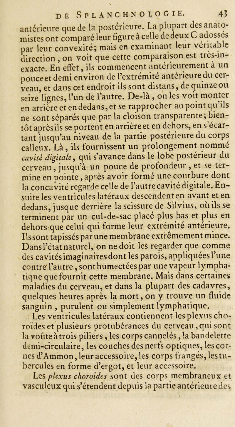 antérieure que de la postérieure. La plupart des anato- mistes ont comparé leur figure à celle de deux C adosses par leur convexité; mais en examinant leur véritable direction , on voit que cette comparaison est très-in- exacte. En effet, ils commencent antérieurement a un pouce et demi environ de i’extremite anterieure du cer- veau, et dans cet endroit ils sont distans, de quinze ou seize lignes, l’un de l’autre. De-là , on les voit monter en arrière et en dedans, et se rapprocher au point qu’ils ne sont séparés que par la cloison transparente, bien- tôt aprèsils se portent en arrièreet en dehors, en s’écar- tant jusqu’au niveau de la partie postérieure du corps calleux. Là, ils fournissent un prolongement nommé cavité digitale, qui s’avance dans le lobe postérieur du cerveau, jusqu’à un pouce de profondeur , et se tei- mine en pointe, après avoir formé une courbure dont la concavité regarde celle de l’autre cavité digitale. En- suite les ventricules latéraux descendent en avant et en dedans, jusque derrière la scissure de Silvius, où ils se terminent par un cul-de-sac place plus bas et plus en dehors que celui qui forme leur extrémité antérieure. Ilssont tapissés par une membrane extrêmement mince. Dans l’état naturel, on ne doit les regarder que comme des cavités imaginaires dont les parois, appliquées l’une contre’ l’autre, sont humectées par une vapeur lympha- tique que fournit cette membrane. Mais dans certaines maladies du cerveau, et dans la plupart des cadavres, quelques heures après la mort, on y trouve un fluide sanguin , purulent ou simplement lymphatique. Les ventricules latéraux contiennent les plexus cho- roïdes et plusieurs protubérances du cerveau, qui sont la voûte à trois piliers, les corps cannelés, la bandelette demi-circulaire, les couches des nerfs optiques, les cor- nes d’Ammon, leur accessoire, les corps frangés, les tu- bercules en forme d’ergot, et leur accessoire. Les plexus choroïdes sont des corps membraneux et vasculeux qui s’étendent depuis la partie antérieure des