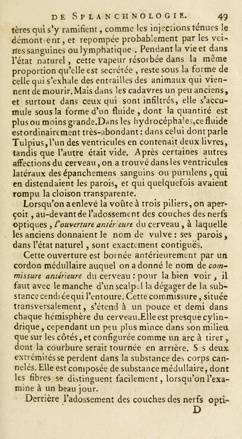 tères qui s’y ramifient, comme les injections tenues le démont eut, et repompée probablement par les vei-* rfes sanguines ou lymphatique . Pendant la vie et dans l’état naturel, cette vapeur résorbée dans la même proportion qu’elle est secrétée , reste sous la forme de Celle qui s’exhale des entrailles des animaux qui vien- nent de mourir. Mais dans les cadavres un peu anciens, et surtout dans ceux qui sont infiltrés, elle s’accu- mule sous la forme d’un fluide , dont la quantité est plus ou moins grande.Dans les hydrocéphales,ce fluide estordinairement très-abondant: dans celui dont parle Tulpius,l’un des ventricules en contenait deux livres, tandis que l’autre était vide. Après certaines autres affections du cerveau, on a trouvé dans les ventricules latéraux des épanchemens sanguins ou purulens,qui en distendaient les parois, et qui quelquefois avaient rompu la cloison transparente. Lorsqu’on a enlevé la voûte à trois piliers, on aper- çoit , au-devant de l’adossement des couches des nerfs optiques , Couverture antérieure du cerveau , à laquelle les anciens donnaient le nom de vulve : ses parois , dans l’état naturel, sont exactement contiguës. Cette ouverture est bornée antérieurement par itn cordon médullaire auquel on a donné le nom de com- missure antérieure du cerveau : pour la bien voir , il faut avec le manche d’un scalpel la dégager de la sub- stance cendiée qui l’entoure. Cette commissure, située transversalement, s’étend à un pouce et demi dans chaque hémisphère du cerveau.Elle est presque cylin- drique , cependant un peu plus mince dans son milieu que sur les côtés, et configurée comme un arc à tirer , dont la courbure serait tournée en arrière. S s deux extrémités se perdent dans la substance des corps can- nelés. Elle est composée de substance médullaire, dont les fibres se distinguent facilement, lorsqu’on l’exa- mine à un beau jour. Derrière l’adossement des couches des nerfs opti- D