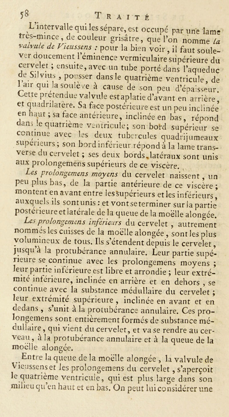 ï8 5 T R A I T É L intervalle qui les sépare, est occupé par une lame tres-mince de couleur grisâtre, que l’on nomme la valvule de Vieussens : pour la bien voir, il faut soule- ver doucement l’éminence vermiculaire supérieure du cervelet ; ensuite, avec un tube porté dans l’aqueduc e bilvius , pousser dansle quatrième ventricule, de ! air qui !a soulevé à cause de son peu d’éoalsseur. Cette prétendue valvule est aplatie d’avant en arrière, et quadrilatère. Sa face postérieure est un peu inclinée en haut ; sa face antérieure, inclinée en bas, répond dans !e quatrième ventricule; son bord supérieur se continue avec les deux tubercules quadrijumeaux supérieurs ; son bord inférieur répond à la lame trans- verse du cervelet ; ses deux bords,latéraux sont unis aux prolongemens supérieurs de ce viscère. Les prolongemens moyens du cervelet naissent, un peu plus bas, de la partie antérieure de ce viscère; montent en avant entre les Supérieurs et les inférieurs ’ auxquels ils sont unis : et vont se terminer suria partie’ postei ieure et latérale de la queue de la moelle alongée. Les prolongemens inferieurs du cervelet , autrement nommés les cuisses de la moëlle alongée , sont les plus volumineux de tous. Ils s etendent depuis le cervelet, jusqu a la protubérance annulaire. Leur partie supé- rieur^ se continue avec les prolongemens moyens ; leur partie inférieure est libre et arrondie ; leur extré- mité inferieure, inclinée en arrière et en dehors , se continue avec la substance médullaire du cervelet ; leur extrémité supérieure , inclinée en avant et en dedans , s unit à la protubérance annulaire. Ces pro- îongemens sont entièrement formés de substance mé- dullaire, qui vient du cervelet, et vase rendre au cer- veau, a la protubérance annulaire et à la queue de la moëlle alongée. H Entre la queue de la moëlle alongée , la valvule de Vieussenset les prolongemens du cervelet , s’aperçoit le quatrième ventricule, qui est plus large dans son milieu qu en haut et en bas. On peut lui considérer une