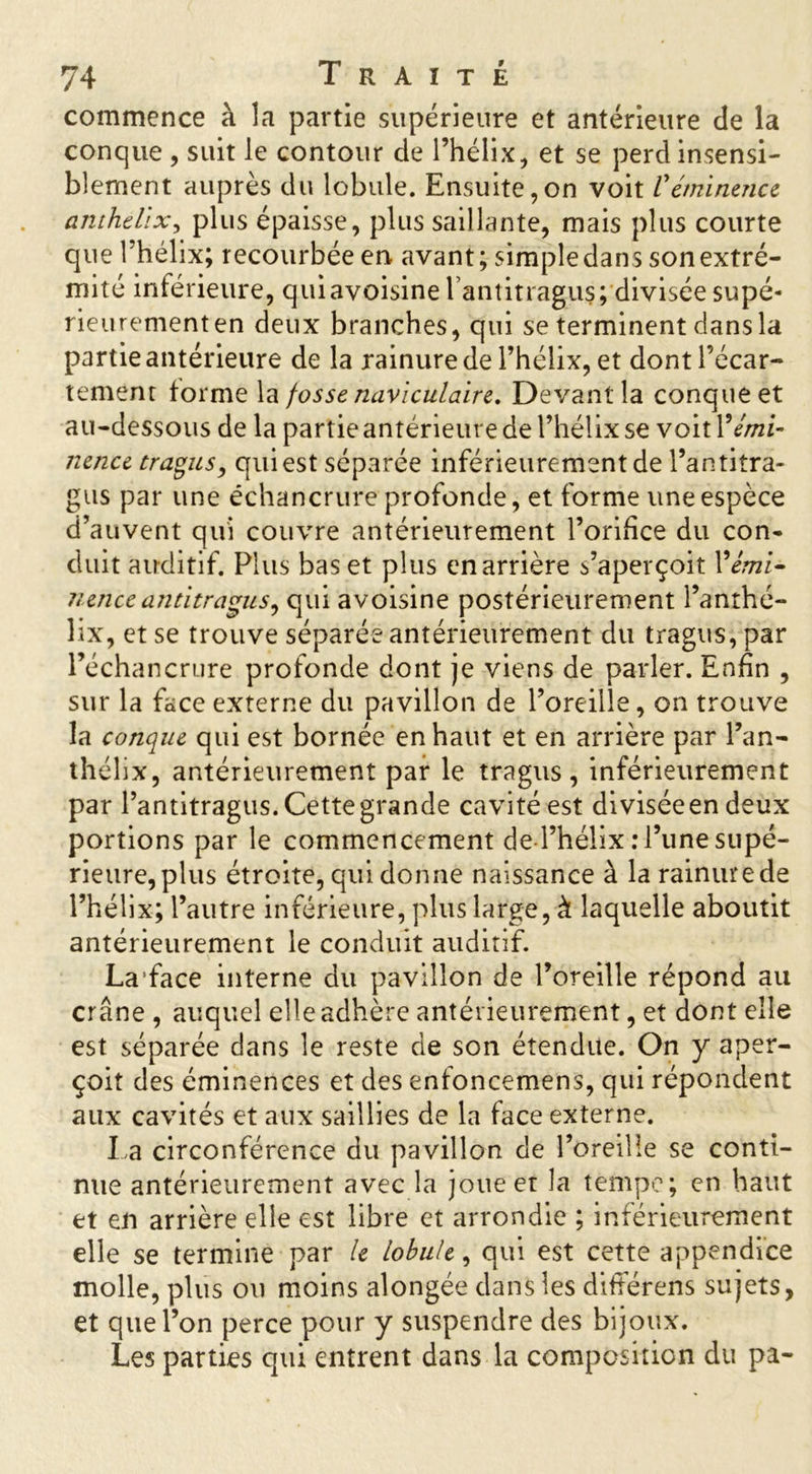 commence à la partie supérieure et antérieure de la conque , suit le contour de l’hélix, et se perd insensi- blement auprès du lobule. Ensuite,on voit /’éminence anthtiix, plus épaisse, plus saillante, mais plus courte que 1 hélix; recourbée en avant; simple dans son extré- mité inférieure, quiavoisine l antitragus; divisée supé- rieurement en deux branches, qui se terminent dans la partie antérieure de la rainure de l’hélix, et dont l’écar- tement forme la fosse naviculaire. Devant la conque et au-dessous de la partie antérieure de l’hélix se voit Y émi- nence tragus, qui est séparée inférieurement de l’antitra- gus par une échancrure profonde, et forme une espèce d’auvent qui couvre antérieurement l’orifice du con- duit auditif. Plus bas et plus en arrière s’aperçoit Yêmi- nenceantitragus, qui avoisine postérieurement l’anthé- îix, et se trouve séparée antérieurement du tragus, par l’échancrure profonde dont je viens de parler. Enfin , sur la face externe du pavillon de l’oreille, on trouve la conque qui est bornée en haut et en arrière par l’an- thélix, antérieurement par le tragus, inférieurement par l’antitragus. Cette grande cavité est divisée en deux portions par le commencement de l’hélix .T’une supé- rieure, plus étroite, qui donne naissance à la rainure de l’hélix; l’autre inférieure, plus large, à laquelle aboutit antérieurement le conduit auditif. La'face interne du pavillon de l’oreille répond au crâne , auquel elle adhère antérieurement, et dont elle est séparée dans le reste de son étendue. On y aper- çoit des éminences et des enfoncemens, qui répondent aux cavités et aux saillies de la face externe. La circonférence du pavillon de l’oreille se conti- nue antérieurement avec la joue et la tempe; en haut et en arrière elle est libre et arrondie ; inférieurement elle se termine par le lobule, qui est cette appendice molle, plus ou moins alongée dans les différens sujets, et que l’on perce pour y suspendre des bijoux. Les parties qui entrent dans la composition du pa-