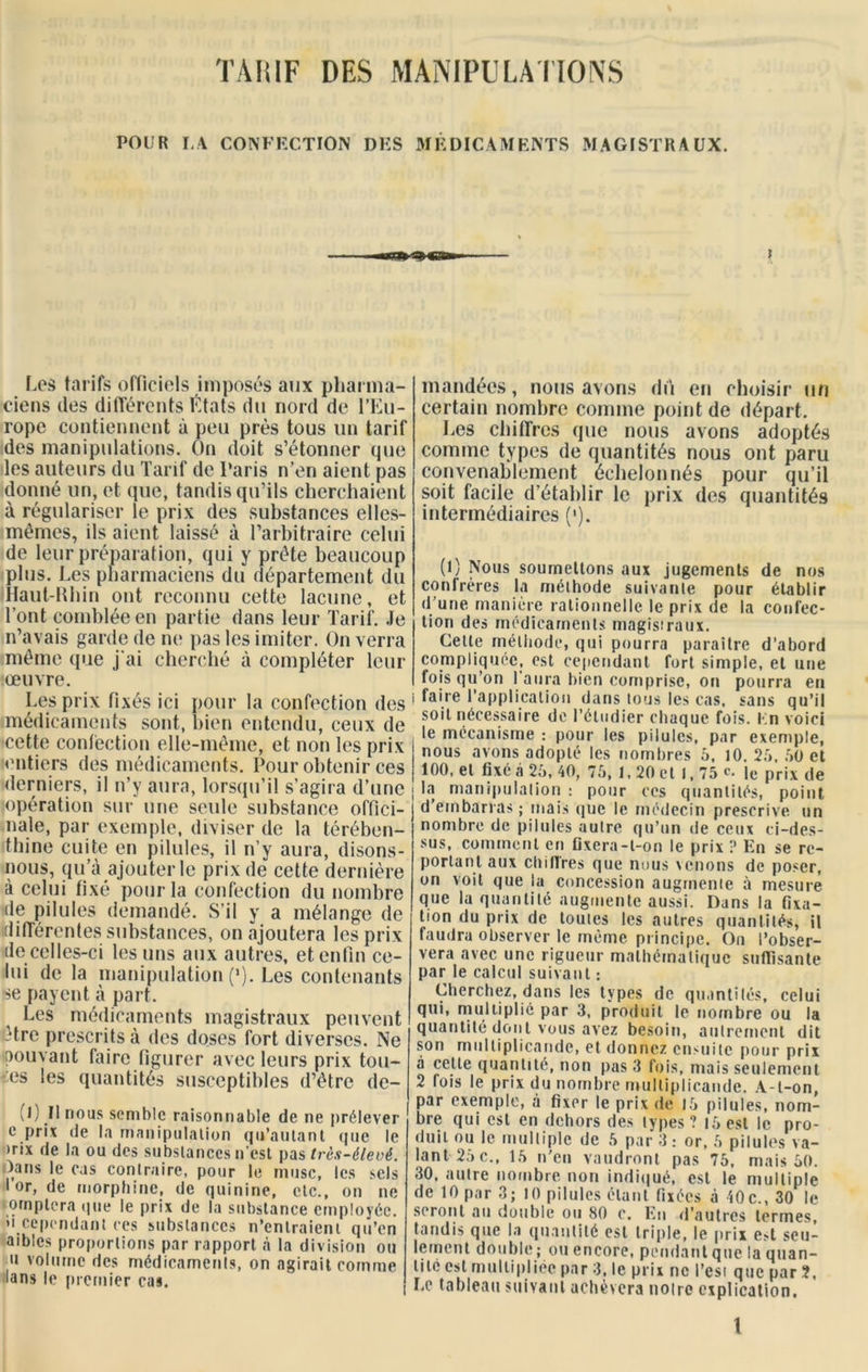 TARIF DES MANIPULATIONS POUR 1.4 CONFECTION DES MÉDICAMENTS MAGISTRAUX. 03» Les tarifs officiels imposés aux pharma- ciens des différents États du nord de l’Eu- rope contiennent à peu près tous un tarif des manipulations. On doit s’étonner que les auteurs du Tarif de Paris n’en aient pas donné un, et que, tandis qu’ils cherchaient à régulariser le prix des substances elles- mêmes, ils aient laissé à l’arbitraire celui de leur préparation, qui y prête beaucoup plus. Les pharmaciens du département du Haut-Rhin ont reconnu cette lacune, et l’ont comblée en partie dans leur Tarif. Je n’avais garde de ne pas les imiter. On verra même que j’ai cherché à compléter leur œuvre. Les prix fixés ici pour la confection des médicaments sont, bien entendu, ceux de •cette confection elle-même, et non les prix entiers des médicaments. Pour obtenir ces derniers, il n’y aura, lorsqu’il s’agira d’une (opération sur une seule substance offici- nale, par exemple, diviser de la térében- thine cuite en pilules, il n’y aura, disons- nous, qu’à ajouter le prix de cette dernière à celui fixé pour la confection du nombre de pilules demandé. S’il y a mélange de différentes substances, on ajoutera les prix de celles-ci les uns aux autres, et enfin ce- lui de la manipulation (*). Les contenants se payent à part. Les médicaments magistraux peuvent Mre prescrits à des doses fort diverses. Ne pouvant faire figurer avec leurs prix tou- tes les quantités susceptibles d’être de- (0 .H n°us semble raisonnable de ne prélever c prix de la manipulation qn’autant que le )rix de la ou des substances n’est pas très-élevé. Oans le cas contraire, pour le musc, les sels I or, de morphine, de quinine, etc., on ne tomplcra que le prix de la substance employée. >i cependant ces substances n’entraient qu’en aibles proportions par rapport à la division ou volume des médicaments, on agirait comme lans le premier cas. mandées, nous avons dit en choisir un certain nombre comme point de départ. Les chiffres que nous avons adoptés comme types de quantités nous ont paru convenablement échelonnés pour qu’il soit facile d’établir le prix des quantités intermédiaires ('). (1) Nous soumettons aux jugements de nos confrères la méthode suivante pour établir d une manière rationnelle le prix de la confec- tion des médicaments magisiraux. Cette méthode, qui pourra paraître d’abord compliquée, est cependant fort simple, et une fois qu’on l'aura bien comprise, on pourra en faire l'application dans tous les cas, sans qu’il soit nécessaire de l’étudier chaque fois. En voici le mécanisme : pour les pilules, par exemple, nous avons adopté les nombres 5, 10. 26, 60 et 100, et fixé a 26, 40, 76, 1,20 et 1,75 c. ic prix de la manipulation : pour ces quantités, point d embarras ; mais que le médecin prescrive un nombre de pilules autre qu’un de ceux ci-des- sus, comment en fixera-l-on le prix ? En se re- portant aux chiffres que nous venons de poser, on voit que la concession augmenie à mesure que la quantité augmente aussi. Dans la fixa- tion du prix de toutes les autres quantités, il faudra observer le même principe. On l’obser- vera avec une rigueur mathématique suffisante par le calcul suivant : Cherchez, dans les types de quantités, celui qui, multiplié par 3, produit le nombre ou la quantité dont vous avez besoin, autrement dit son multiplicande, et donnez ensuite pour prix à cette quantité, non pas 3 fois, mais seulement 2 fois le prix du nombre multiplicande. A-l-on, par exemple, à fixer le prix de 16 pilules, nom- bre qui est en dehors des types? 16 est le pro- duit ou le multiple de 6 par 3: or, 6 pilules va- lant 26c., 16 n’en vaudront pas 76, mais 60. 30, autre nombre non indiqué, est le multiple de 10 par 3; 10 pilules étant fixées à 40c., 30 le seront au double ou 80 c. Eu d’autres termes, tandis que la quantité est triple, le prix e.-t seu- lement double; ou encore, pendant que la quan- tité est multipliée par 3, le prix ne l’est que par 2. Le tableau suivant achèvera noire explication.