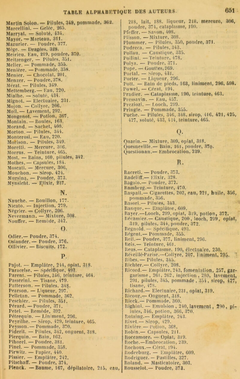 Martin Solon. — Pilules, 349, pommade, 862. Marcellini. — Gelée, 265. Marryat. — Soluté, 434. Mayor. — Marteau, 311. Mazurier. — Poudre, 377. Mègc. — Dragées, 328. Meirieu. F.au, 219, poudre, 370. Meitzenger. — Pilules, 351. Melier. — Pommade, 355. Menière. —Pommade, 358. Menier. — Chocolat, 201. Menzer. —Poudre, 378. Mérat. — Pilules, 349. Mettcmberg.— Eau, 220. Mialhe. —Soluté, 434. Mignot. — Electuaire, 231. Mojon. — Collyre, 206. Moll.— Lavement, 292. Mongenot. — Potion, 367. Montain. — Boules, 163. Morand. — Sachet, 400. Morlon.— Pilules, 344. Monterosi. — Eau, 220. Morison. — Pilules, 349. Morelti. — Mercure, 306. Morrus. — Teinture, 465. Most. — Bains, 160, pilules, 342. Mothes. — Capsules, 184. Moscati. — Mercure, 306, Mouehon. — Sirop, 424. Mursina. — Poudre, 373. Mynsicht. — Elixir, 237. N. Nauche. — Bouillon, 177. Nicato. — Injection, 279. Négrier. — Collyre, 206. Nevermann. — Mixture, 308. Notifier. — Remède, 342. O. Odier.— Poudre, 374. Osiander.— Poudre, 376. Ollivier. — Biscuits, 172. P. Pajot. — Emplâtre, 244, opiat, 318. Paracelse. — Spécifique, 493. Parent. — Pilules,346, teinture, 464. Passerini. — Tisane, 479. Patterson. — Pilules. 348. Penrson. — L;queur, 297. Pellctan. — Pommade, 362. Pesehier. — Pilules, 351. Pérard. — Poudre, 371. Petel. — Remède, 392. Pétrequin. — Uniment, 296. Pcyrilhe. — Sirop, 429, teinture, 465. Peysson.— Pommade, 370. Piderit. — Pilules, 342, onguent, 318. Pierquin. — Bain, 162. Pihorel. — Poudre, 381. Pinel. — Pommade, 358. Pirwilz. — Papier, 440. Pissier. — Emplâlre, 242. Pilschaff. — Poudre, 374. Plenck. —Baume, 167, dépilatoire, 215, eau, 218, lait, 188. liqueur, 218. mercuro, 306, poudre, 374, cataplasme, 190. PfelTer. — Savon, 408. Plisson. —Mixture, 308. Plummer. — Pilules, 350, poudre, 371. Podreca. — Pilules, 343. Pollau. — Caustique, 335. Pollini. —Teinture, 478. Polya. — Poudre, 371. Pope. — Gouttes, 269. Portai. — Sirop, 431. Porter. — Liqueur, 296. Potl. — Bain de pieds, 163, liniment, 296, 598. | Powel.— Cérat, 194. Pradier. —Cataplasme, 190, teinture, 463. Pressa vin. — Eau, 457. Preziozi. — l.ooch, 299. Pringle. — Pommade, 355. : Puche. — Pilules, 346, 348, sirop, 416, 421, 425, 427, soluté, 433. 434, teinture, 465. j Ouarin.— Mixture, 309, opial, 318. ; Quesneville.— Bain, 161, poudre, 370- QuesLionan.— Embrocation, 239. R. Raereti. — Poudre, 373. RadclilT.— Elixir, 328. Ragolo.— Poudre, 372. Ramberg.— Teinture, 470. Raspail.— Cigarettes, 202, eau, 221, huile, 356, pommade, 356. Rasori.— Pilules, 343. Ranque.— Emplâtre, 609. Rayer.—l.ooch, 299, opiat, 319, potion, 372. Réramier.— Caustique, 200, looch, 299, opiat, 319, pilules, 344, poudre, 372. Regnold.— Spécifique, 493. Régent.— Pommade, 355. Reil.— Poudre, 377, liniment, 296. Reis.— Teinture, 461. Reus.— Cataplasme, 190, élecluaire, 230. Ré’veillé-Parise.—Collyre, 207, liniment, 295. ~ Ribes. — Pilules, 345. Richter.— Collyre, 208. Ricord.— Emplâlre, 243, fomentation, 257, gar- garisme, 261, 262, injection, 280, lavement, 291, pilules, 345, pommade, 354 , sirop, 427, tisane, 478. Richard.— Elecluaire, 231, opiat, 319. Bicotir.— Onguent, 318. Rieck.— Pommade, 360. Righini. — Emulsion , 240, lavement, 590, pi- lules, 346, potion, 366, 370. Rutaing.— Emplâtre, 243. Rivet.— Sirop. 429. Rivière — Potion, 368, Robin.— Capsules, 2)1. Rocca more. — Opiat, 319. Roche.—Embrocation, 239. Rochoux.— Cérat, 194. Roderburg. — Emplâtre, 609. Rodriguez. — Pastilles, 327. Roland. — Masticatoire, 303. Rousselol.— Poudre, 373.