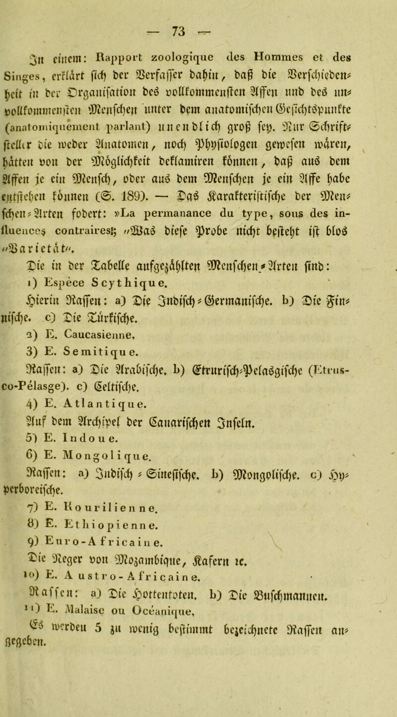 ijit einem: Rapport zoologique des Hümmes et des Sieges, errtdrt jlcfy ber Sßerfaffer bafttit, baß bte aSerfrfp'eben* fyeft in ber Drgantfatton bcö yoltfommeuflcn 3tffcu ttttb beä un* BoUfommcnircn *Dtcttfcf)ejt unter bem aHatomtfd)cnö5ejTd)töpunfte (anatomiquement parlant) tuten bl t ff) ßro^l fei). sJtltr ©cbrtfc frethr bte meber Stuatomcn, m>cf> fPfp;jiotpgen getpefett mären, Ratten oon ber SDtogltcfyfctt beftamtren fonnett, baß auö bem Sfjfen je ein üftcitfct), über auo bem 5D?enfdfjen je ct'u 2t flrc ttabc e.tttftc()en fonnett (©. 189). — £ci£ Äarafteyiftifdje ber SDlett* fcf)ett* Sitten fobert: »La permanance du type, sous des in- lluence^ contrairesi; ^2Öa$ biefe ^)ro6e tttcfjt beilel;t tff bto$ a r i e t d t«, Tie in ber Üabette aufge^ttett ÜJicnfcfjen/Slrtett ftnb: i) Espece S cy thique. Jptertn EKaffen: a) Tie Snbjfcf) * ©ernwmfcfje. b) Die gin* tiifcfje. c) Tie Xurftfcfje. q) E. Caucasienne, 3) E. S e mitiqu e. Raffelt: a) Die Strabifcße. b) QrfrurtTcfp^elaögifcfjc (Etrus- co-Pelasge). c) (äelttfcfye. 4) E. Atlantique. Stuf bem Strcfp'pet ber ßauartfffyen Snfctn. 5) E. Indo u e. 6) E. Mongolique. SRaflfett: a) 3nbtfcf) * ©tne(Ifcf)e. b) 9ß?ongottfd)e. c) pcrboretfcfye. 7) E. Kourilienne. ö) E. E t h i o p i e n n e. 9) Euro-Africaine. t'ie Sieger »01t SCtiojambigite, Wafern tc. 10) E. Austro-Africaine, Staffen: a) Tie dpottcnfoteii. b) £ie 93itf(fjmanitcit. 1 0 E. Malaise ou Oceanique, merbeu 5 ju toetttg bejKmmt bcjeid)itctc ütaflfcit an* gegeben.