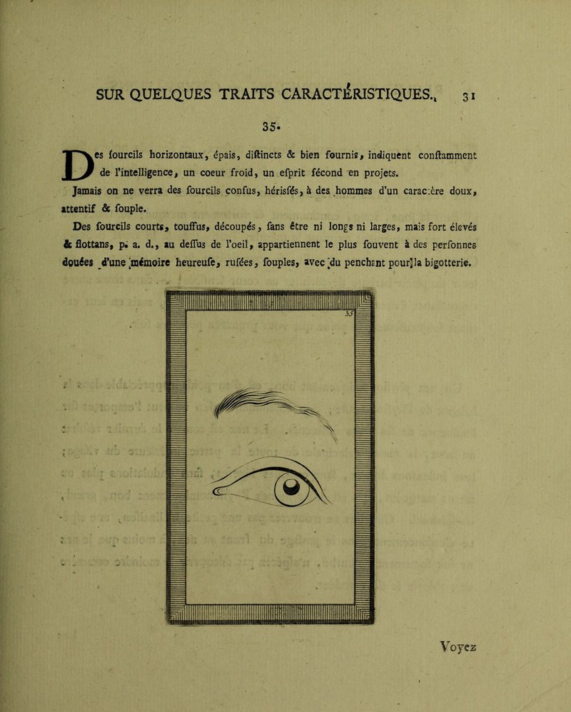 35. Des fourcils horizontaux, épais, diftincts & bien fournis, indiquent conftamment de l’intelligence, un coeur froid, un efprit fécond en projets. Jamais on ne verra des fourcils confus, hérisfés,à des, hommes d’un caracière doux, attentif & fouple. Des fourcils courts, touifus, découpés, fans être ni longs ni larges, mais fort élevés & flottans, p; a. d., au deflus de l’oeil, appartiennent le plus fouvent à des perfonnes douées d’une [mémoire heureufe, rufées, fouples, avec [du penchent pour]la bigotterie. Voye2