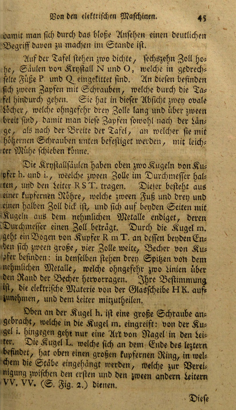 SSott ben eleftrifden üftöfdjmen. 4S oamit man fid) t>urcO bas blofe 7(nfe§en einen beutlicben begriff baron ju machen int 0tanbe tji. ?(uf ber £afel fiebert $wo bid/fe, fetfjsjehn goll ho? he, @du(en Pon $rp(M N unb O, weldje in gebred)* feite Jupe P. unb Q^emgefittet jtnb. 2ln biefen bejtnben ftd) jween gapfen mit 0d^auben, meiere bürdj bie fei binburd) gefeit, <ssie hat in biefer Hbfofyt jwep oPale locbcr, weld)e ohngefehr brep golle lang unb über jroeett breit (mb, bamit man biefe gapfen fowohl nad) ber 1dm ge, als nad) ber Breite ber £afel, an weld)er fte mit fernen 0d)rauben unten befestiget werben, mit letcb* ter SÜJlufje fd)ieben Tonne. &ie .ftrpflallfdulcn paben eben $wo kugeln Pon,£m pfer h. unb i., weeld)e jween golle im §5urd)mejfer fyaU ten, unb ben leiter R S T. tragen. £)iejer befielt aus einer fupfernen Üio^re, welche jween Unb brep unb einen halben goll bief ift, unb (Id) auf bepben 0etfen mit •kugeln auB bem nehmßcben Metalle enbiget, bereu .©urebmeffer einen goll betragt. ®urd) bie $ugel m. ge^t einigen Port Tupfer R m T. an beffen bepben ©m ben (leb $meen grofje, Pier golle weite, S5ed>er Pon pfer beftnben: in benfelben ftepen brep 0pi|en Pon bem ncljmlicben Metalle, weldje o^ngefc^t* $mo linien iibev ben Ütanb ber £3ed)er herperragen. 3$re SÖejftmmung tfl, bie eleftrifefte Materie Pon ber @laöfd)eibe HK. auf» iunebmen, unb bem leiter witjutheilen. Oben an ber $ugel h. ijt eine grofje 0d) taube am gebracht, weldje in bie karget in* eingreift: Pon ber $m gel i. hingegen gebt nur eine TlrtPon Sftagel'm ben lei* ter. £)ie Birgel L. me(d)e ftd) an betn (£ube beS lejtevn befinbet, bat oben einen großen fupfernen Oiing, in wel* tpem bie 0tdbe eingehängt werben, weld)e $ut bereif nigung jwifdjen ben erjten unb ben xween anbetn ieitem VV, vv. (0, gig. 3.,) bienen. §■' ' ■ >Diefe