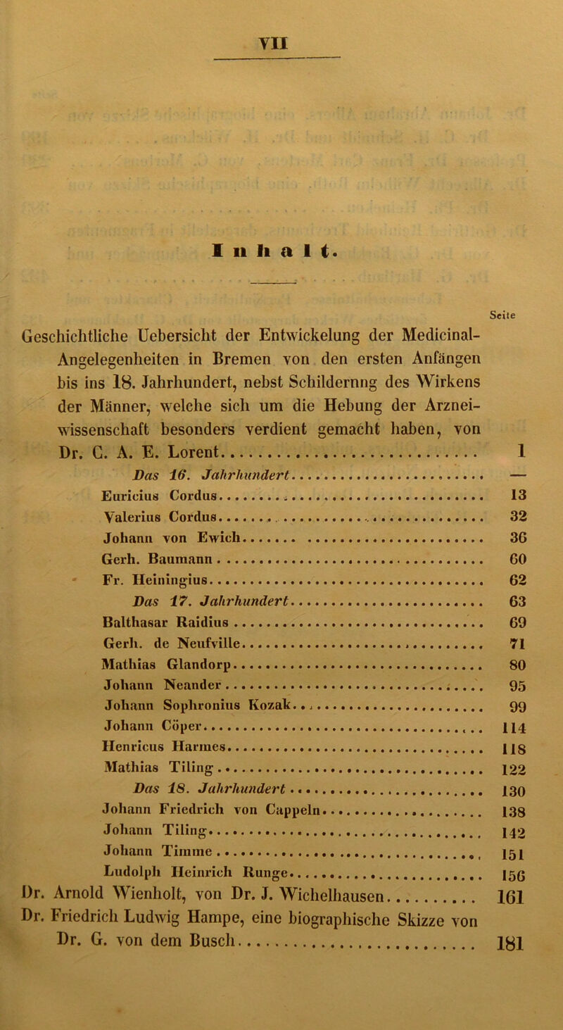 YII Inhalt. Seite Geschichtliche Uebersicht der Entwickelung der Medicinal- Angelegenheiten in Bremen von den ersten Anfängen bis ins 18. Jahrhundert, nebst Schildernng des Wirkens der Männer, welche sich um die Hebung der Arznei- wissenschaft besonders verdient gemacht haben, von Dr. G. A. E. Lorent 1 Das 16. Jahrhundert — Euricius Cordus 13 Valerius Cordus 32 Johann von Ewich 36 Gerh. Baumann 60 Fr. Heiningius 62 Das 17. Jahrhundert 63 Balthasar Raidius 69 Gerh. de Neufville > 71 Mathias Glandorp 80 Johann Neander 95 Johann Soplironius Tvozak... 99 Johann Cöper 114 Henricus Harmes US Mathias Tiling 122 Das 18. Jahrhundert 130 Johann Friedrich von Cappeln 138 Johann Tiling 142 Johann Timme 151 Ludolpli Heinrich Runge I5ß Dr. Arnold Wienholt, von Dr. J. Wichelhausen 1G1 Dr. Friedrich Ludwig Hampe, eine biographische Skizze von Dr. G. von dem Busch iyi