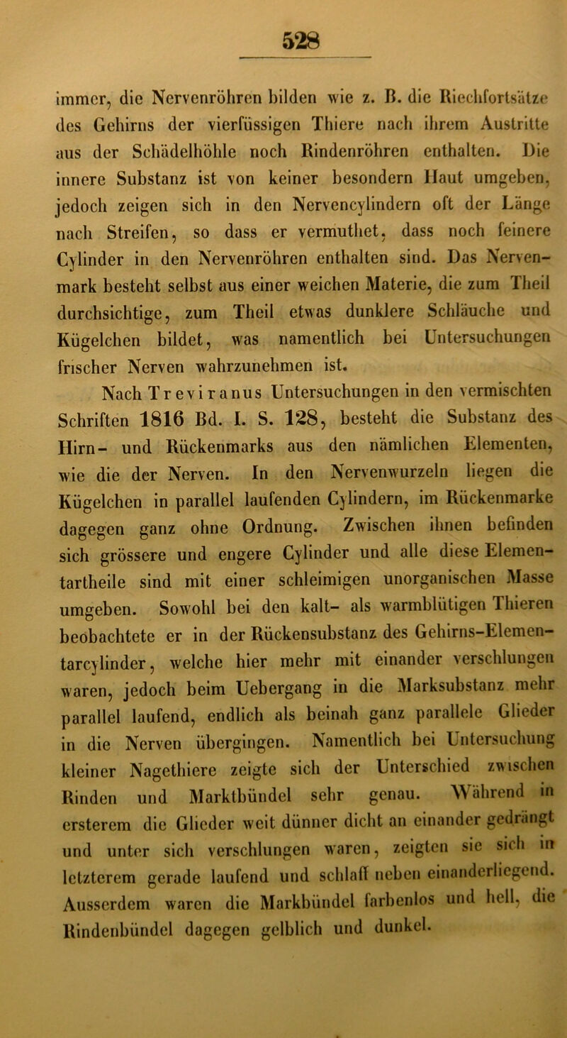immer, die Nervenröhren bilden wie z. B. die Riechfortsätze des Gehirns der vierfüssigen Thiere nach ihrem Austritte aus der Schädelhöhle noch Rindenröhren enthalten. Die innere Substanz ist von keiner besondern Ilaut umgeben, jedoch zeigen sich in den Nervencylindern oft der Länge nach Streifen, so dass er vermuthet, dass noch feinere Cy linder in den Nervenröhren enthalten sind. Das Nerven- mark besteht selbst aus einer weichen Materie, die zum Theil durchsichtige, zum Theil etwas dunklere Schläuche und Kügelchen bildet, was namentlich bei Untersuchungen frischer Nerven wahrzunehmen ist. Nach Treviranus Untersuchungen in den vermischten Schriften 1816 Bd. L S. 128, besteht die Substanz des Hirn- und Rückenmarks aus den nämlichen Elementen, wie die der Nerven, ln den Nervenwurzeln liegen die Kügelchen in parallel laufenden Cylindern, im Rückenmarke dagegen ganz ohne Ordnung. Zwischen ihnen befinden sich grössere und engere Cylinder und alle diese Elemen- tartheile sind mit einer schleimigen unorganischen Masse umgeben. Sowohl bei den kalt- als warmblütigen Thieren beobachtete er in der Rückensubstanz des Gehirns-Elemen- tareylinder, welche hier mehr mit einander verschlungen waren, jedoch beim Uebergang in die Marksubstanz mehr parallel laufend, endlich als beinah ganz parallele Glieder in die Nerven übergingen. Namentlich bei Untersuchung kleiner Nagethiere zeigte sich der Unterschied zwischen Rinden und Marktbündel sehr genau. Während in ersterem die Glieder weit dünner dicht an einander gedrängt und unter sich verschlungen waren, zeigten sie sich in letzterem gerade laufend und schlaff neben einanderlicgend. Ausserdem waren die Markbündel farbenlos und hell, die Rindenbündel dagegen gelblich und dunkel.