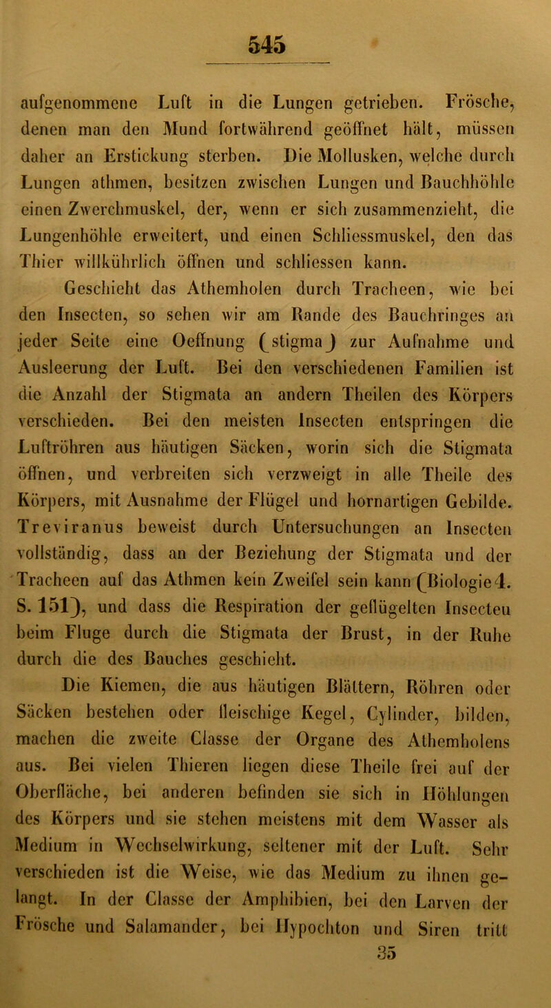 aufgenommene Luft in die Lungen getrieben. Frösche, denen man den Mund fortwährend geöffnet hält, müssen daher an Erstickung sterben. Die Mollusken, welche durch Lungen athmcn, besitzen zwischen Lungen und Bauchhöhle einen Zwerchmuskel, der, wenn er sich zusammenzieht, die Lungenhöhle erweitert, und einen Schliessmuskel, den das Thier willkührlich öffnen und schliessen kann. Geschieht das Athemholen durch Tracheen, wie bei den Insecten, so sehen wir am Rande des Bauchringes an jeder Seite eine Oeffnung (^Stigma) zur Aufnahme und Ausleerung der Luft. Bei den verschiedenen Familien ist die Anzahl der Stigmata an andern Theilen des Körpers verschieden. Bei den meisten Insecten entspringen die Luftröhren aus häutigen Säcken, worin sich die Stigmata öffnen, und verbreiten sich verzweigt in alle Theilc des Körpers, mit Ausnahme der Flügel und hornartigen Gebilde. Treviranus beweist durch Untersuchungen an Insecten vollständig, dass an der Beziehung der Stigmata und der Tracheen auf das Athmen kein Zweifel sein kann fBiologie4. S. 151), und dass die Respiration der geflügelten Insecten beim Fluge durch die Stigmata der Brust, in der Ruhe durch die des Bauches geschieht. Die Kiemen, die aus häutigen Blättern, Röhren oder Säcken bestehen oder fleischige Kegel, Cylinder, bilden, machen die zweite Classc der Organe des Athemholens aus. Bei vielen Thieren liegen diese Theilc frei auf der Oberfläche, bei anderen befinden sie sich in Höhlungen des Körpers und sie stehen meistens mit dem Wasser als Medium in Wechselwirkung, seltener mit der Luft. Sehr verschieden ist die Weise, wie das Medium zu ihnen ge- langt. In der Classe der Amphibien, bei den Larven der Frösche und Salamander, bei Hy pochton und Siren tritt 35