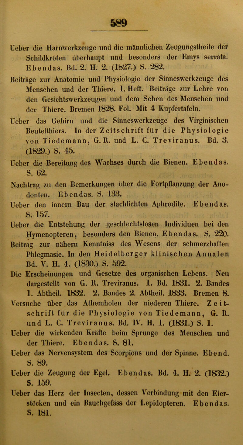 lieber die Harnwerkzeuge und die männlichen Zeugungstheile der Schildkröten überhaupt und besonders der Emys serrata. Ebendas. Bd. 2. H. 2. (1827.) S. 282. Beiträge zur Anatomie und Physiologie der Sinneswerkzeuge des Menschen und der Thiere. 1. Heft. Beiträge zur Lehre von den Gesichtswerkzeugen und dem Sehen des Menschen und der Thiere. Bremen 1828. Fol. Mit 4 Kupfertafeln. Ueber das Gehirn und die Sinneswerkzeuge des Virginischen Beutelthiers, ln der Zeitschrift für die Physiologie von Tiedemann, G. R. und L. C. Treviranus. Bd. 3. (1829.) S. 45. Ueber die Bereitung des Wachses durch die Bienen. Ebendas. S. 62. Nachtrag zu den Bemerkungen über die Fortpflanzung der Ano- donten. Ebendas. S. 133. Ueber den innern Bau der stachlichten Aphrodite. Ebendas. S. 157. Ueber die Entstehung der geschlechtslosen Individuen bei den Hymenopteren, besonders den Bienen. Ebendas. S. 220. Beitrag zur nähern Kenntniss des Wesens der schmerzhaften Phlegmasie. In den Heidelberger klinischen Annalen Bd. V. H. 4. (1830.) S. 592. Die Erscheinungen und Gesetze des organischen Lebens. Neu dargestellt von G. R. Treviranus. 1. Bd. 1831. 2. Bandes 1. Abtheil. 1832. 2. Bandes 2. Abtheil. 1833. Bremen 8. Versuche über das Athemholen der niederen Thiere. Z e i In- schrift für die Physiologie von Tiedemann, G. R. und L. C. Treviranus. Bd. IV. H. 1. (1831.) S. 1. Ueber die wirkenden Kräfte beim Sprunge des Menschen und der Thiere. Ebendas. S. 81. Ueber das Nervensystem des Scorpions und der Spinne. Ebend. S. 89. Ueber die Zeugung der Egel. Ebendas. Bd. 4. H. 2. (1832.) S. 159. Ueber das Herz der Insecten, dessen Verbindung mit den Eier- stöcken und ein Bauchgefäss der Lepidopteren. Ebendas. S. 181.