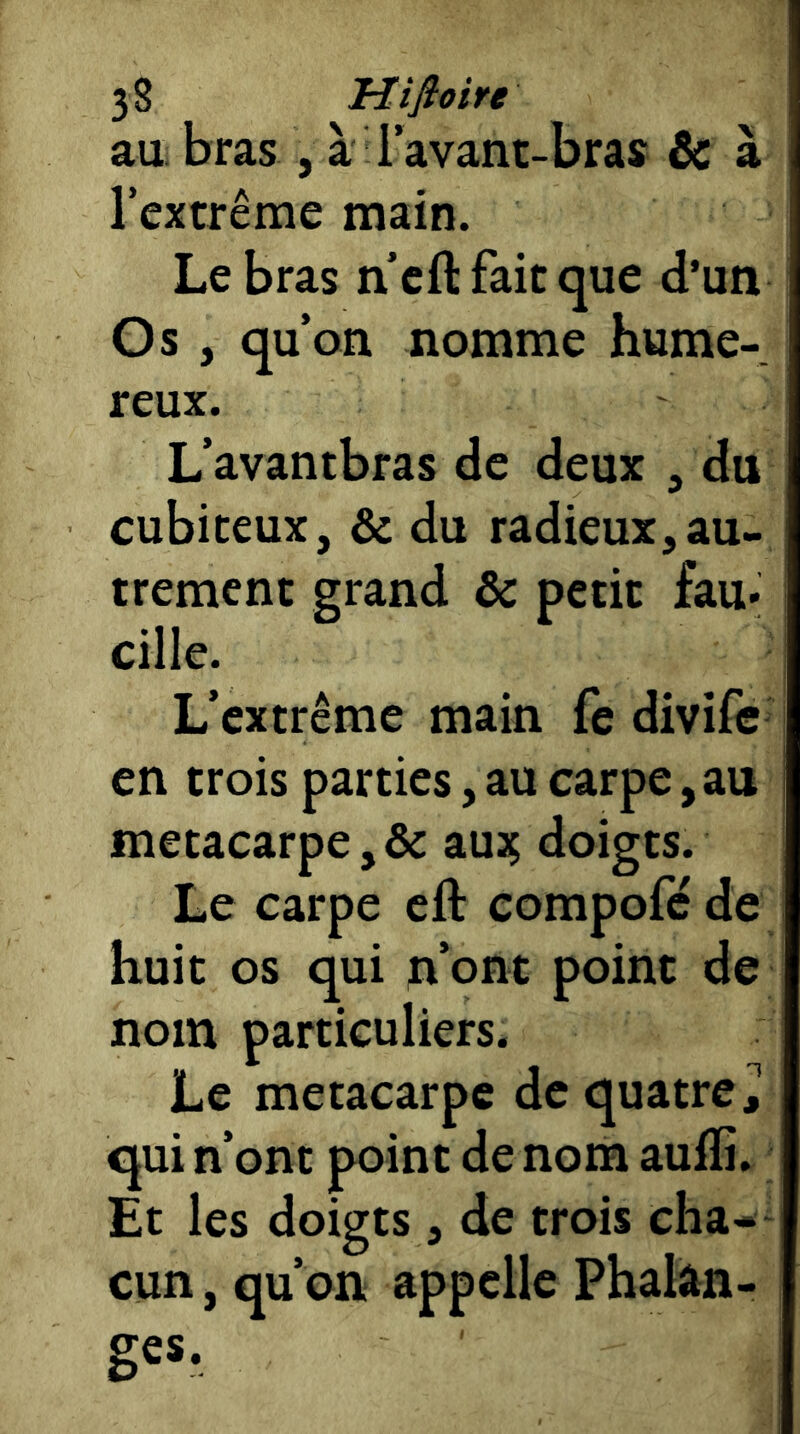 au bras , à l’avant-bras & à rextrême main. Le bras n’cft fait que d’un Os , qu’on nomme hume- reux. L’avantbras de deux , du cubiteux, & du radieux, au- trement grand & petit fau. cille. L’extrême main fe divifc en trois parties, au carpe, au métacarpe ,& auj; doigts. Le carpe eft compofc de huit os qui n’ont point de nom particuliers. Le métacarpe de quatre^ qui n’ont point de nom auffi. Et les doigts , de trois cha- cun , qu’on appelle Phalan- ges.