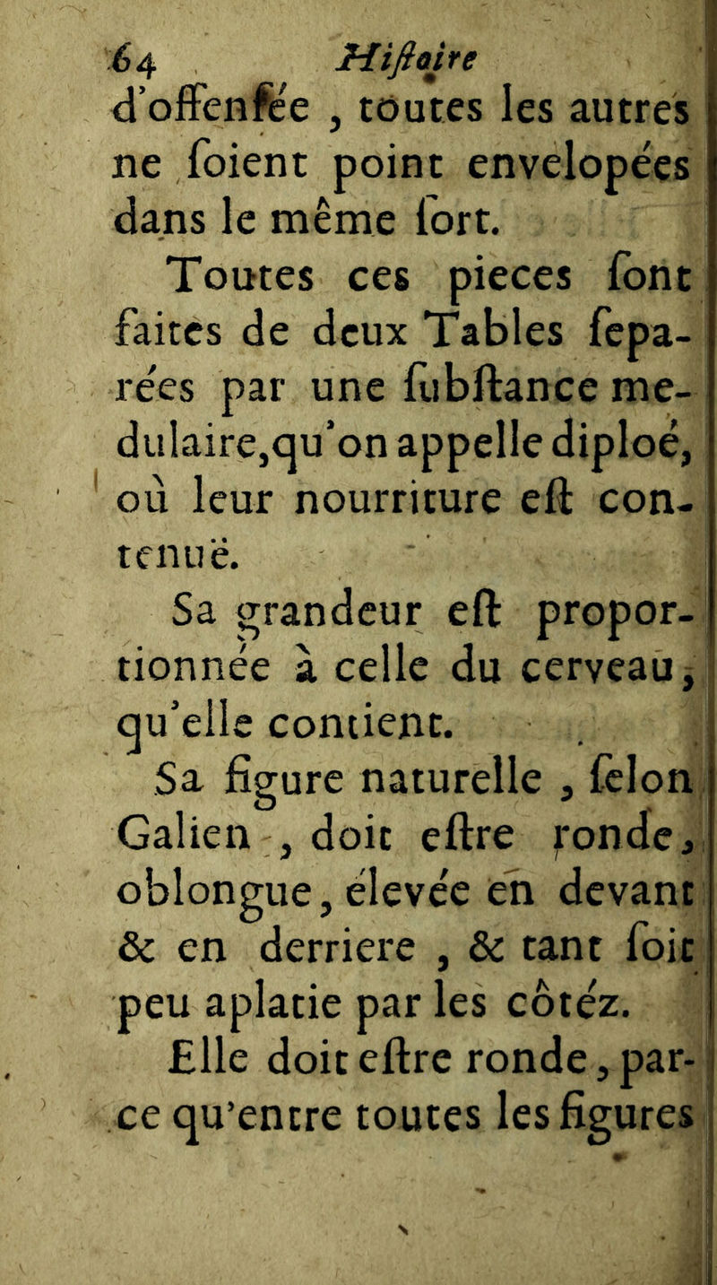 ^4 Hiflaire d’ofFenfe'e , toutes les autres ne foient point envelopëes dans le même fort. Toutes ces pièces font faites de deux Tables fepa- rëes par une fobftance me- diilaire,qu'on appelle diploë, où leur nourriture ell: con- tenue. Sa grandeur eft propor- tionnée à celle du cerveau ^ qu’elle contient. Sa figure naturelle , félon, Galien , doit eftre fonder: oblongue, ëlevëe en devant & en derrière , & tant foit peu aplatie par les côtëz. Elle doit eftre ronde, par-1 ce qu’entre toutes les figures !