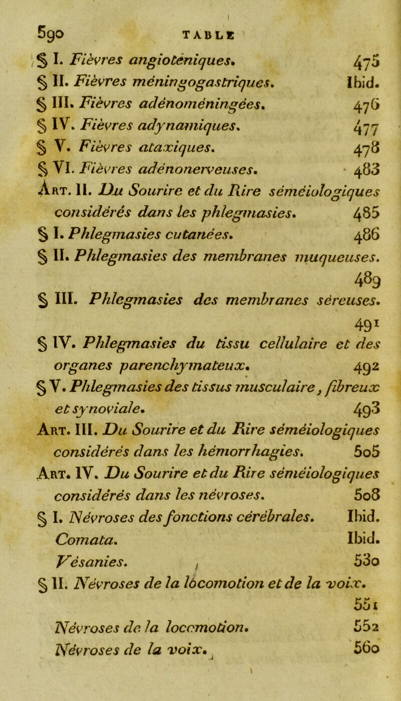 I TABLE 475 Ibid. 476 477 478 483 5go § I. Fièvres angiotèniques• § II. Fièvres méningogastriques. § III. Fièvres adënoméningées. § IV. Fièvres adynamiques. § V. Fièvres ataxiques. § VI. Fièvres adénonerveuses. Art. 11. Du Sourire et du Rire séméiologiques considérés dans les ph/egrnasies. 485 § I. Phlegmasies cutanées. 486 § II. Phlegmasies des membranes muqueuses. 489 5 III. Phlegmasies des membranes séreuses. 491 § IY. Phlegmasies du tissu cellulaire et des organes parenchymateux. 492 § V. Phlegmasies des tissus musculaire} fibreux et synoviale. 49'^ Art. III. Du Sourire et du Rire séméiologiques considérés dans les hémorrhagies. 5o5 Art. IV. Du Sourire et du Rire séméiologiques considérés dans les névroses. 5o8 § I. Névroses des fonctions cérébrales. Ibid. Comata. Ibid. Vésanies. , 53o § II. Névroses de la locomotion et de la -voix. 551 Névroses de la locomotion. 552 Névroses de la voix» 56o