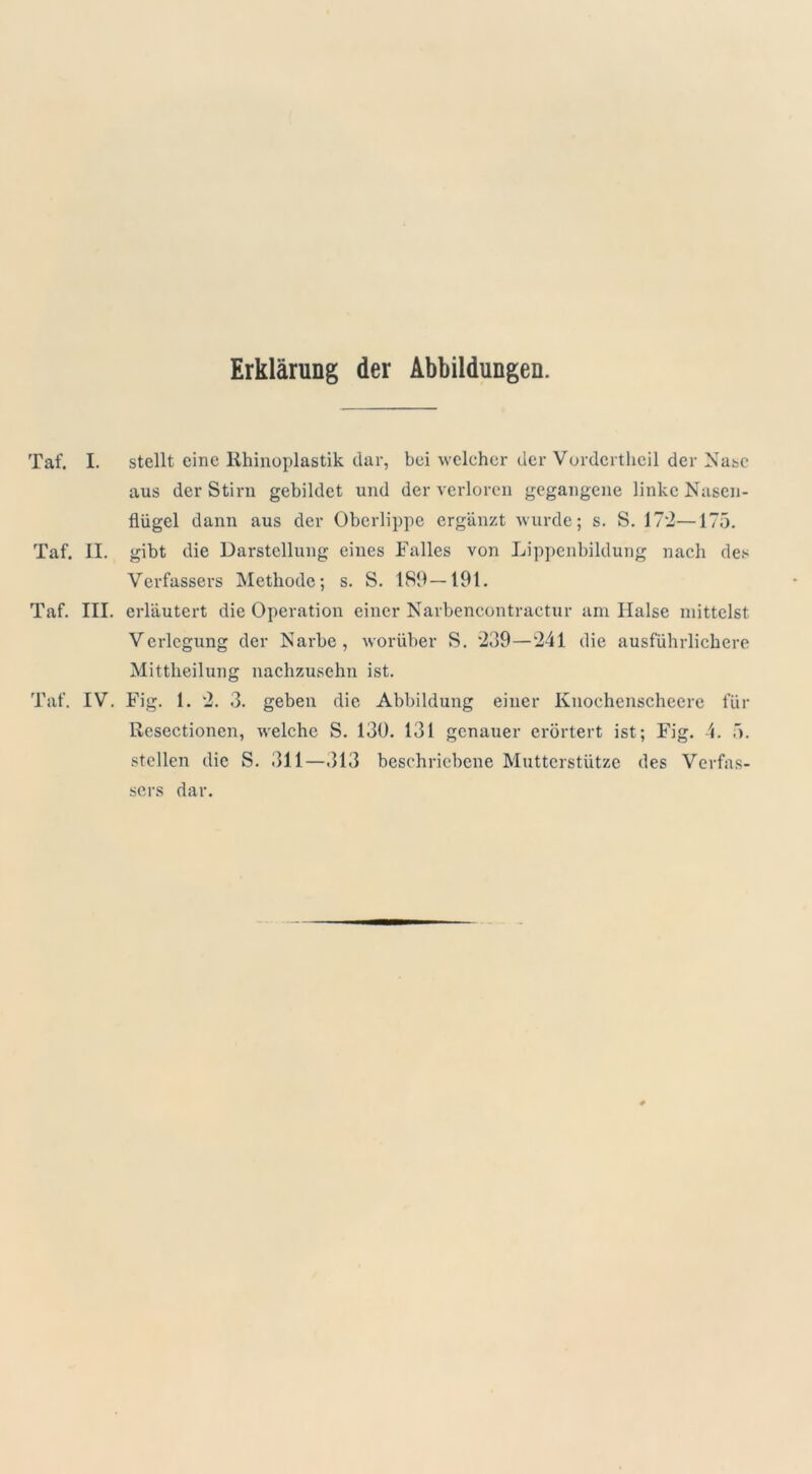 Erklärung der Abbildungen. Taf. I. stellt eine Rhinoplastik dar, bei welcher der Vordcrthcil der Nase aus der Stirn gebildet und der verloren gegangene linke Nasen- flügel dann aus der Oberlippe ergänzt wurde; s. S. 17*2—175. Taf. II. gibt die Darstellung eines Falles von Lippenbildung nach des Verfassers Methode; s. S. 1811—191. Taf. III. erläutert die Operation einer Narbencontractur am Halse mittelst Verlegung der Narbe, worüber S. *239—241 die ausführlichere Mittheilung nachzusehn ist. Taf. IV. Fig. 1. 2. 3. geben die Abbildung einer Knoehcnscheere für Resectionen, welche S. 130. 131 genauer erörtert ist; Fig. 4. 5. stellen die S. 311—,113 beschriebene Mutterstütze des Verfas- sers dar.