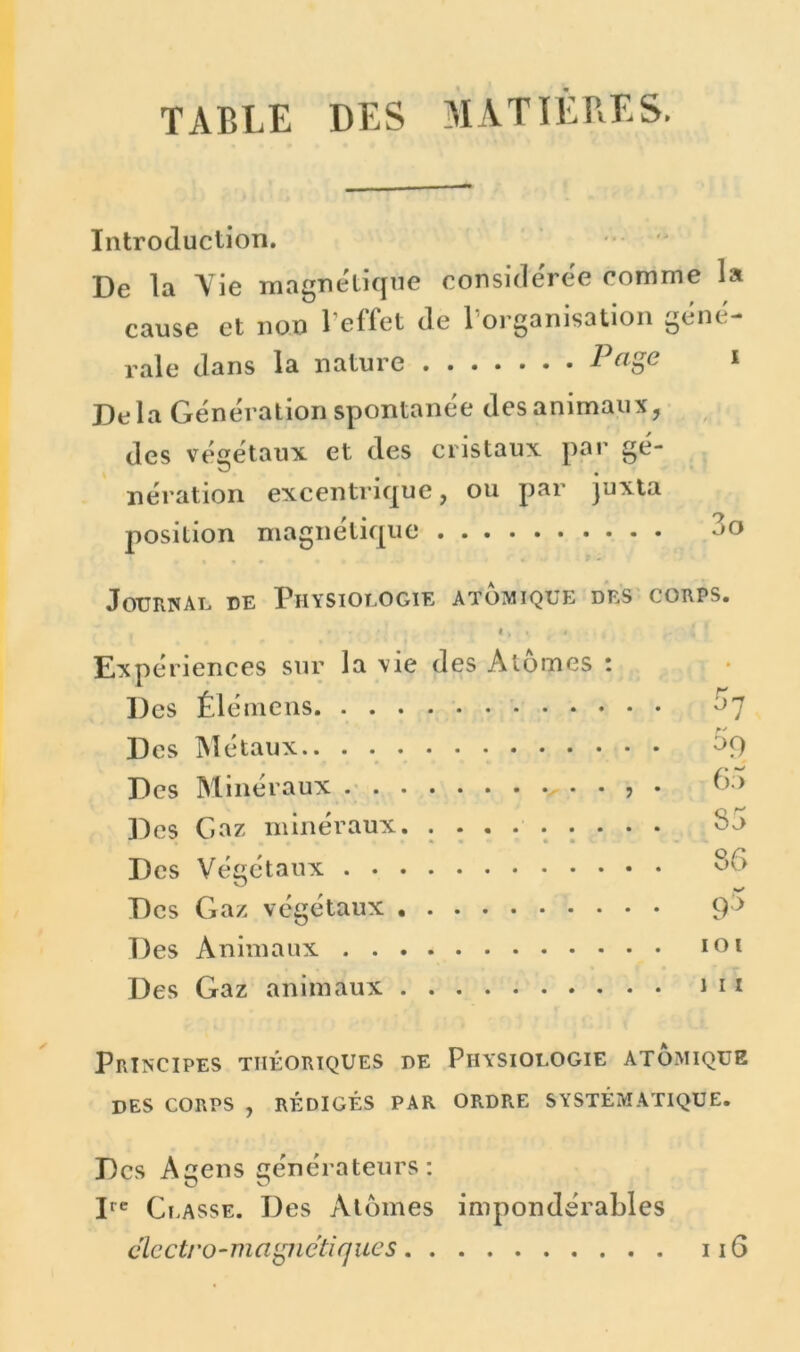 TABLE DES MATIERES. Introduction. De la Yie magnétique considérée comme la cause et non l’effet de 1 organisation gene- rale dans la nature Page i De la Génération spontanée des animaux, des végétaux et des cristaux par gé- nération excentrique, ou par juxta position magnétique 3o Journal de Physiologie atomique des corps. 1)1 4 r. Expé riences sur la vie des Atomes : Des Élémens Des INI étaux Des Minéraux . . 65 Des Gaz minéraux. . . . 85 • • * CI >J t w Des Végétaux 86 Des Gaz végétaux .... 95 Des Animaux Des Gaz animaux .... Principes théoriques de Physiologie atomique des CORPS , RÉDIGÉS PAR ORDRE SYSTÉMATIQUE. Des Aqens générateurs: IIC Classe. Des Atomes impondérables clccti'o-magnétiques 116