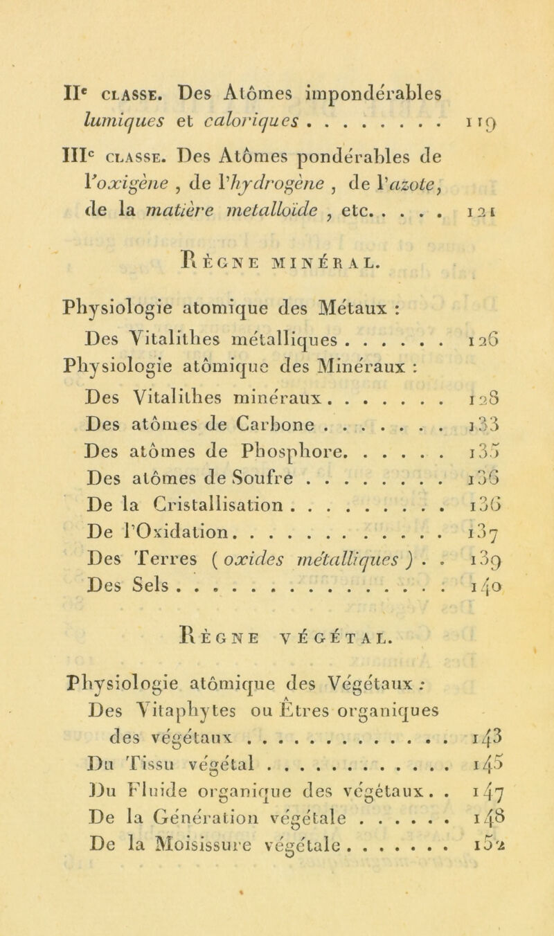 IIe classe. Des Atomes impondérables lumiques et caloriques 1 rr> IIIe classe. Des Atomes pondérables de Y o xi gène , de 1 ''hydrogène , de l’azote, de la matière métalloïde , etc i2£ PiÈGNE MINÉRAL. Physiologie atomique des Métaux : Des Vitalilhes métalliques Physiologie atomique des Minéraux : Des Vitalilhes minéraux Des atomes de Carbone Des atomes de Phosphore Des atomes de Soufre De la Cristallisation De rOxidation Des Terres ( oxides métalliques ) . . Règne végétal. Physiologie atomique des Végétaux ; Des Yitaphytes ou Etres organiques des végétaux i43 Du T issu végétal Du Fluide organique des végétaux. . 147 De la Génération végétale 148 De la Moisissure végétale i5'2 126 128 j 33 135 186 136 ï37 i3£>