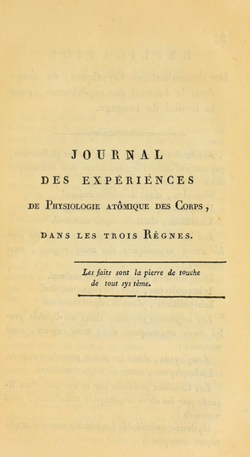 JOURNAL DES EXPÉRIENCES de Physiologie atomique des Corps , DANS LES TROIS RÈGNES. \ Les faits sont la pierre de touche de tout sys tème.